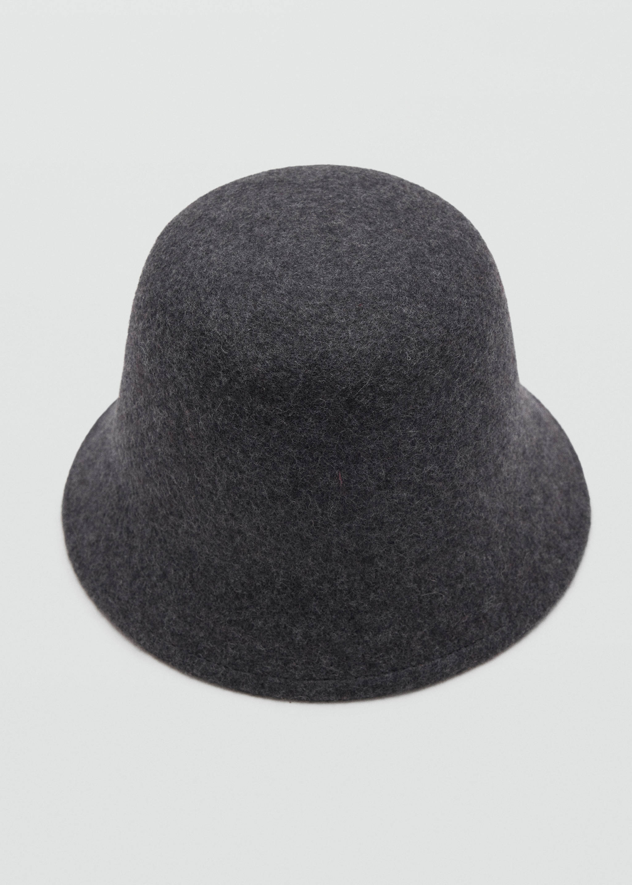 Dark grey felt hat with a rounded crown and downturned brim.