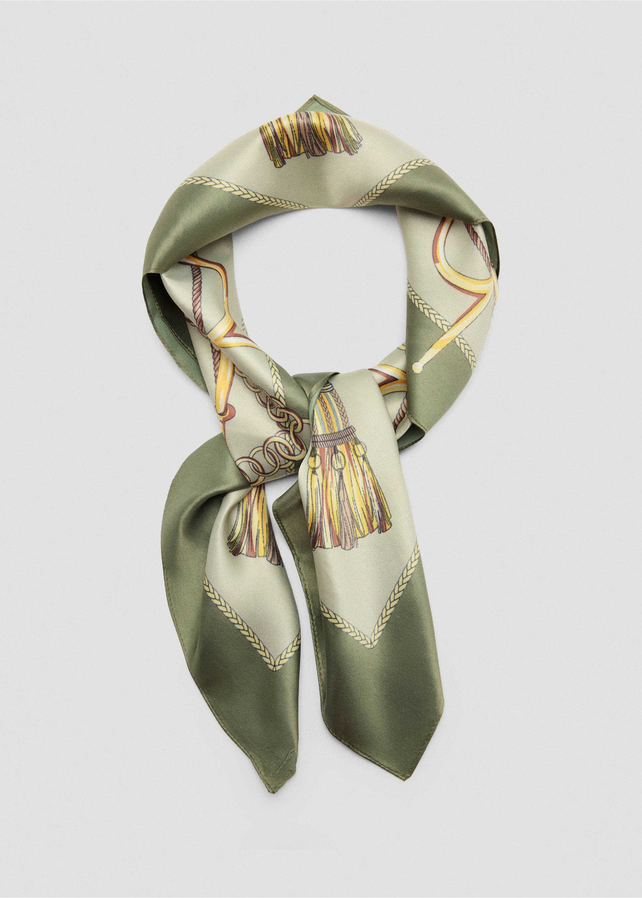 Sage green square scarf with a printed rope and tassel motif., Green. Ref: 47091355-00.