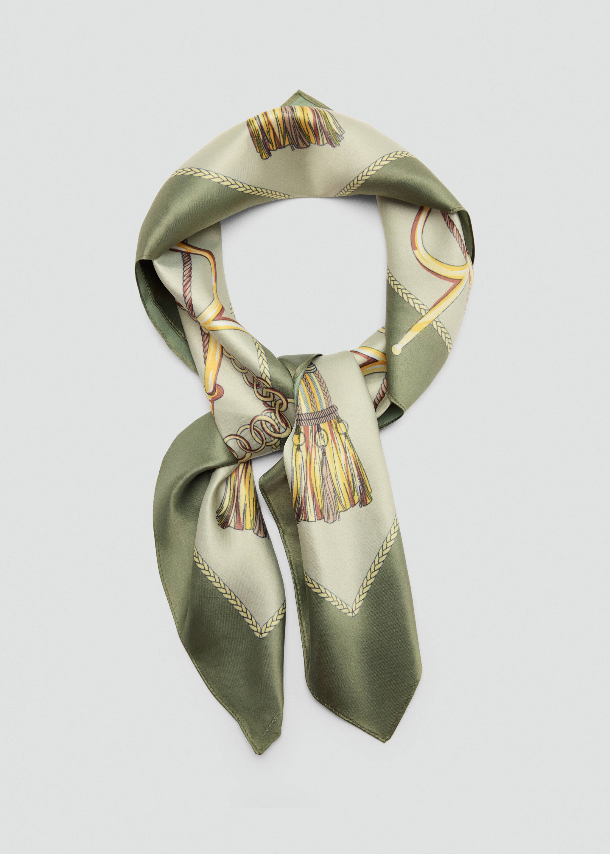 Sage green square scarf with a printed rope and tassel motif.