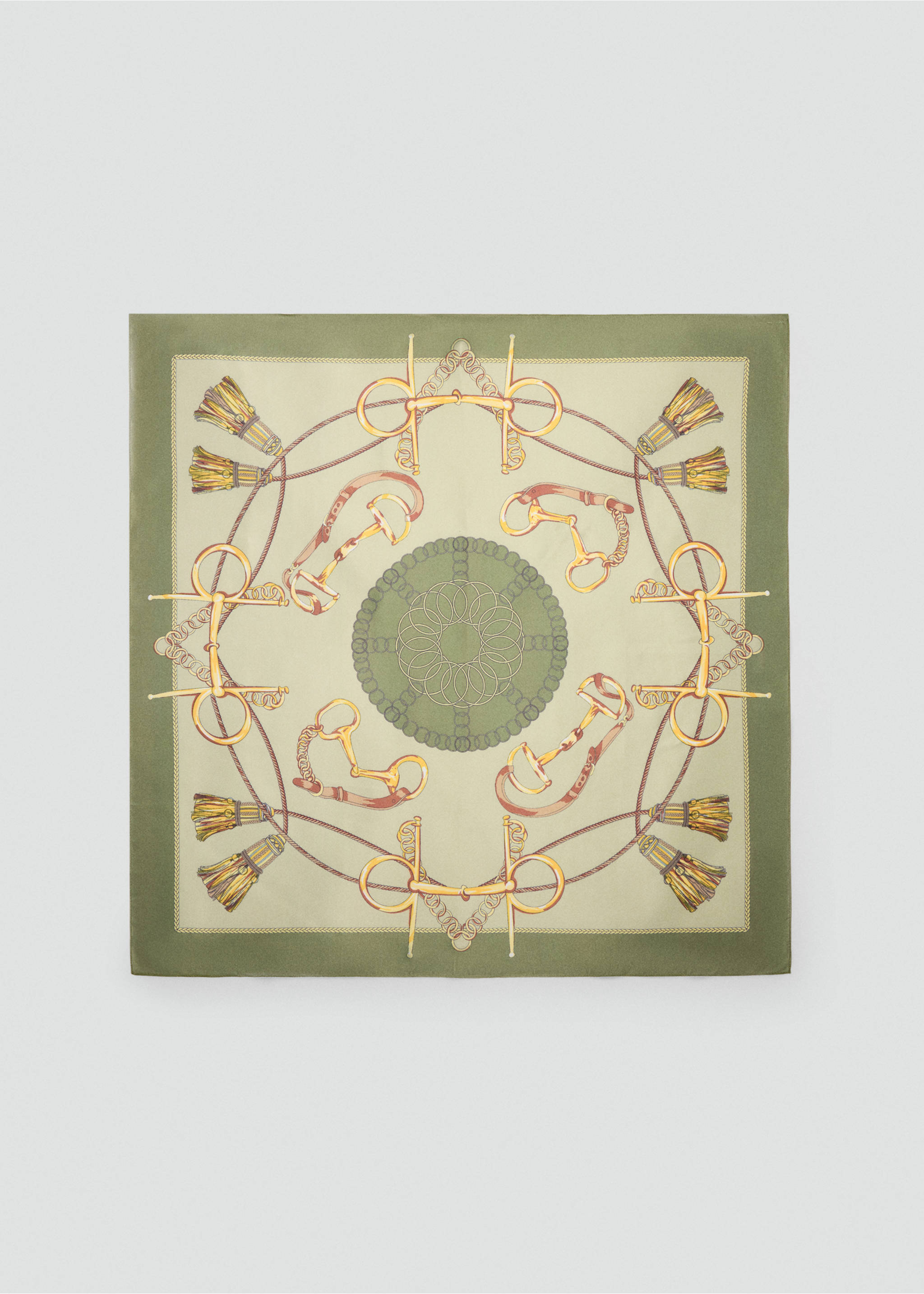Green square scarf featuring an equestrian-inspired print., Green. Ref: 47091355-00.