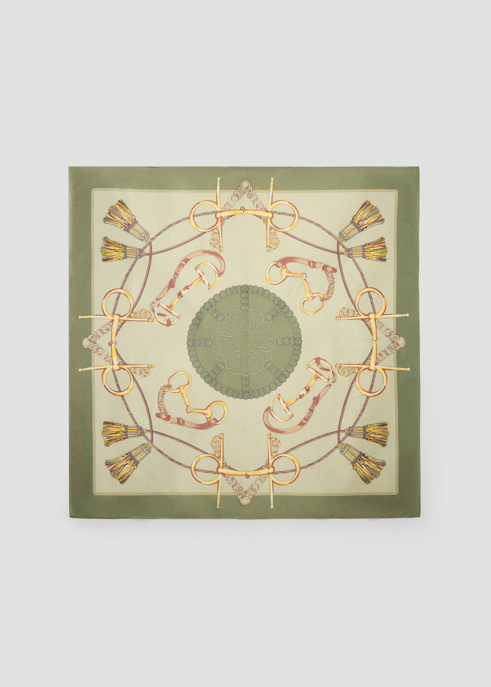Green square scarf featuring an equestrian-inspired print.