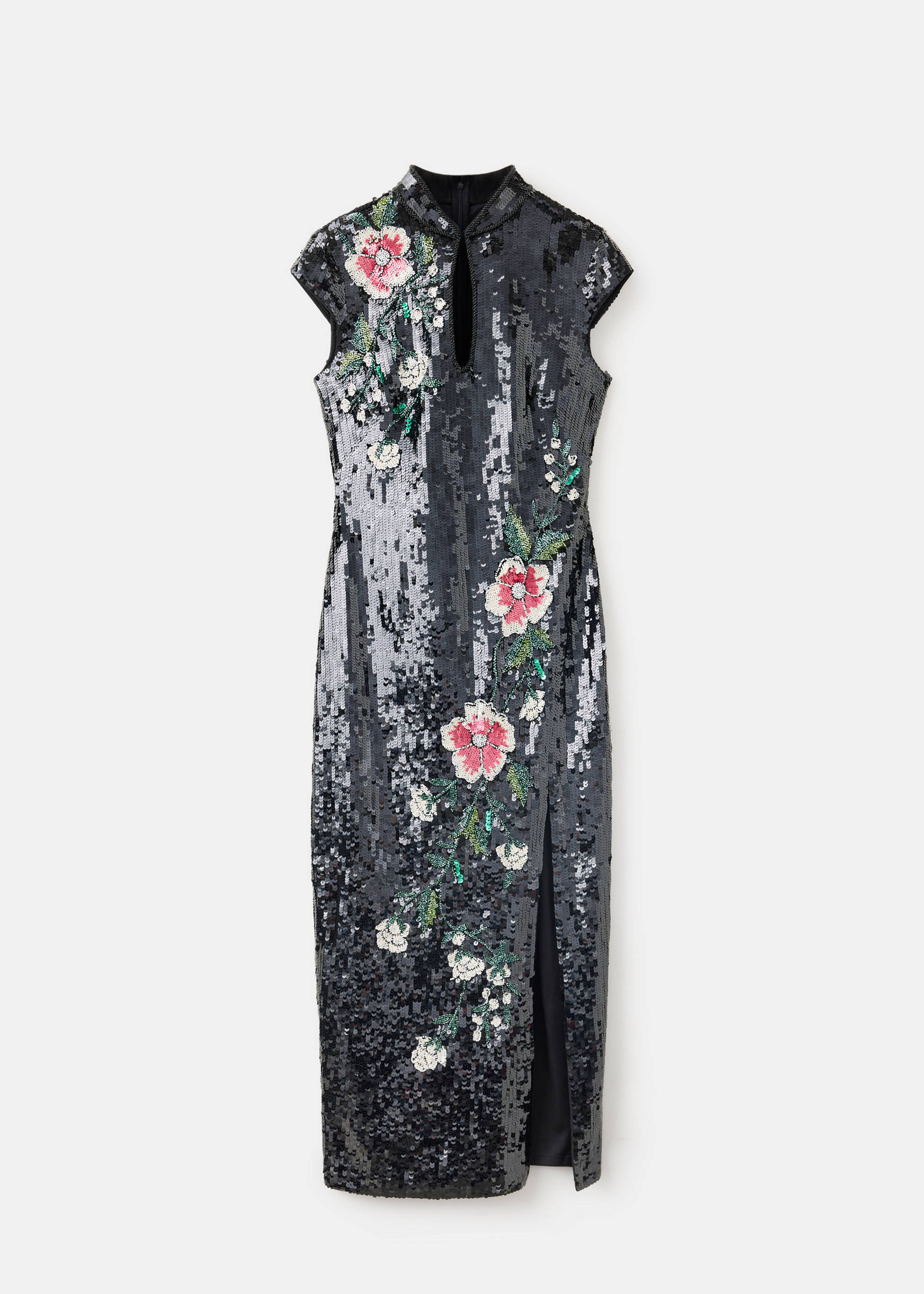 Dark sequined midi dress with a mandarin collar, keyhole cutout, side slit, and embroidered floral appliqués.