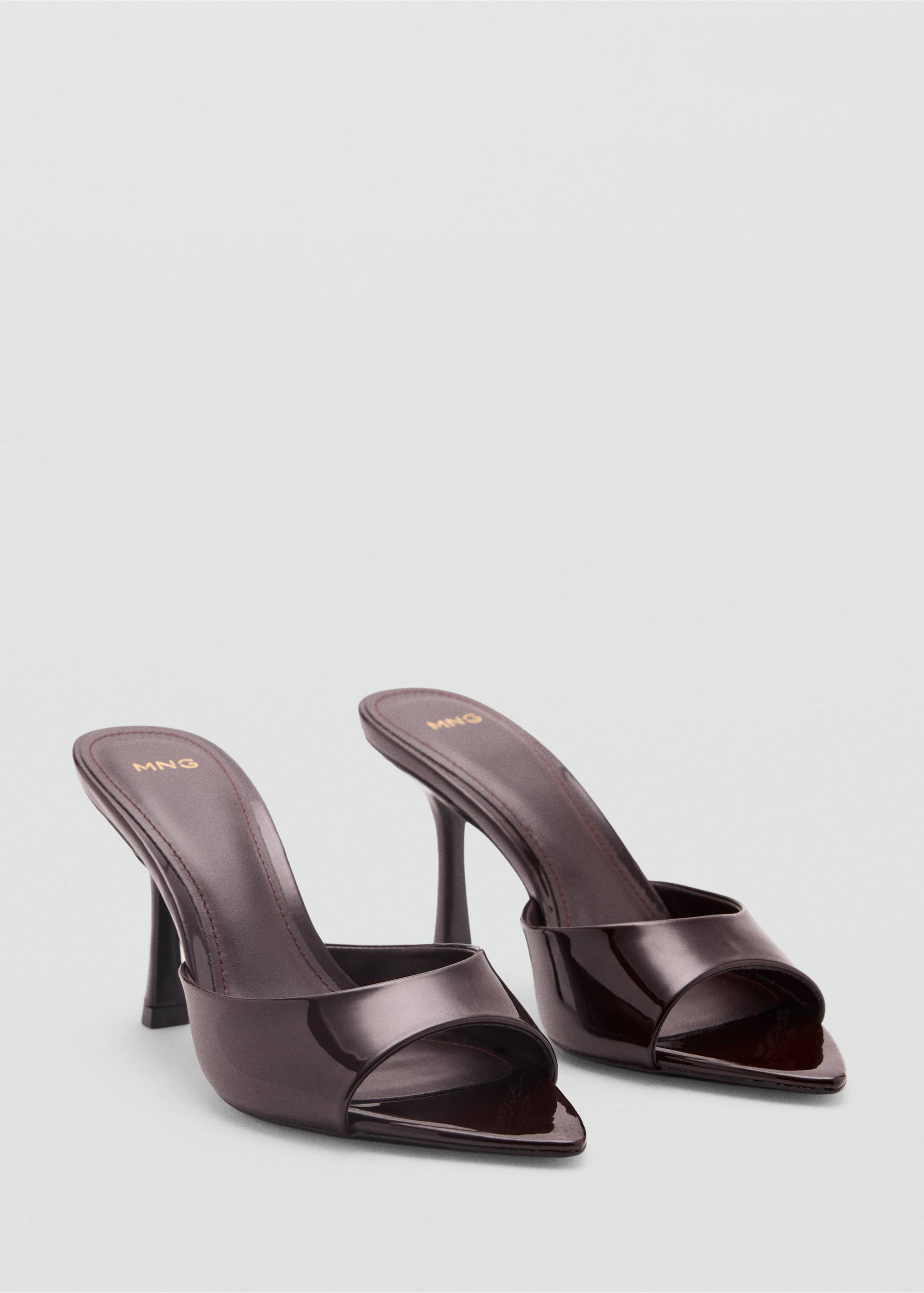 Burgundy patent heeled sandals with a pointed open toe and stiletto heel., Burgundy. Ref: 47091380-00.