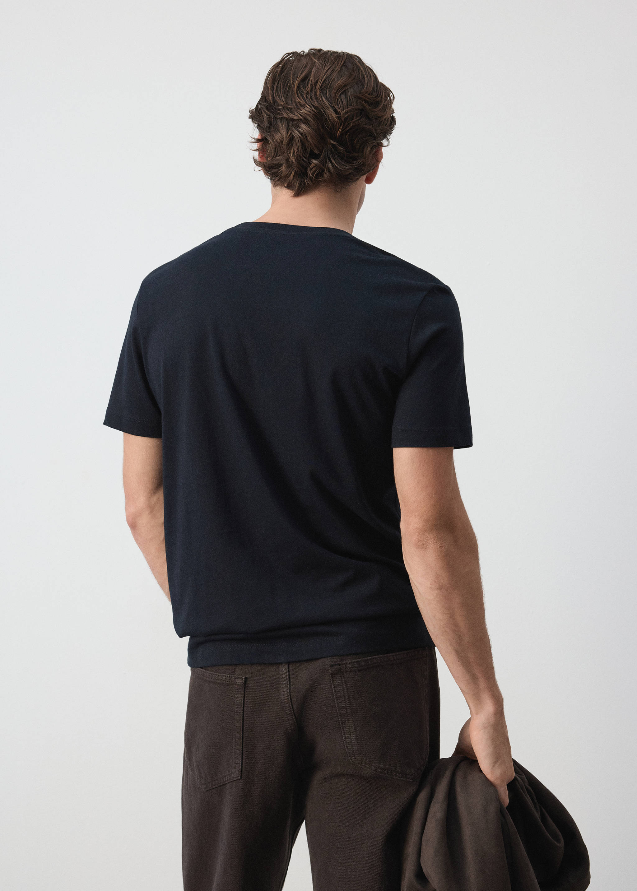 Dark navy blue short-sleeved t-shirt, back view.