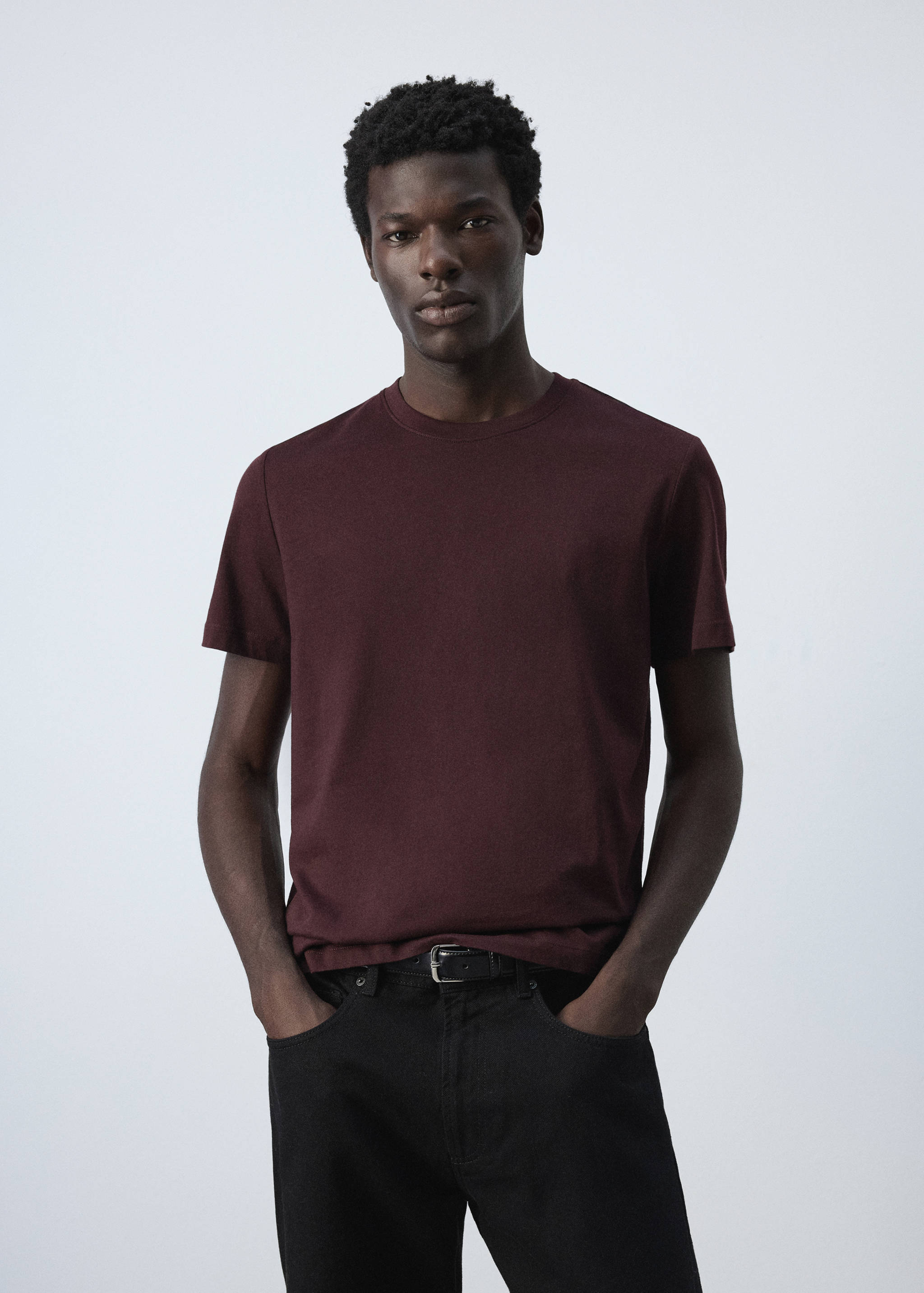 Burgundy regular-fit short-sleeved t-shirt with a round neckline.