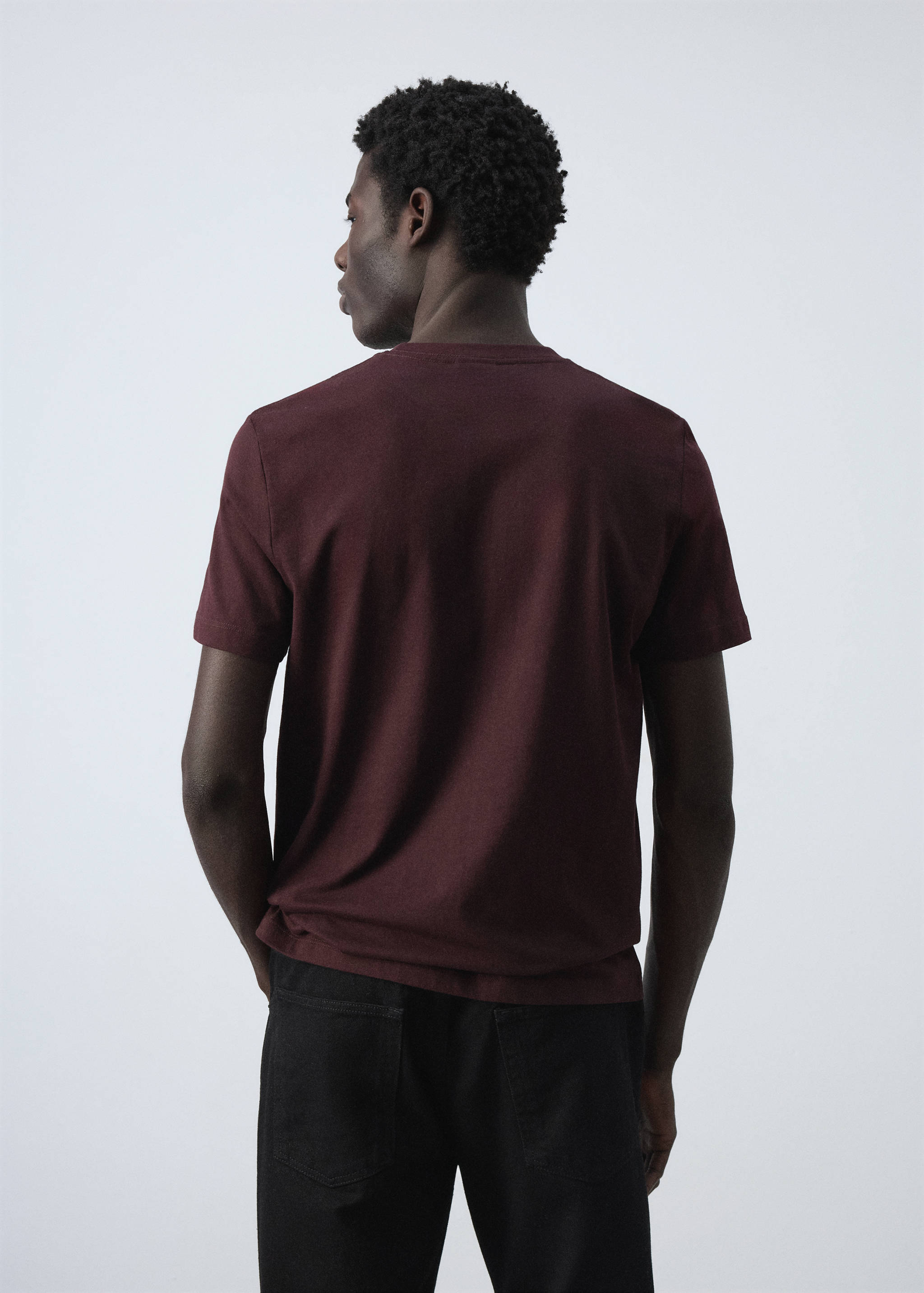 Burgundy short-sleeved t-shirt, back view.