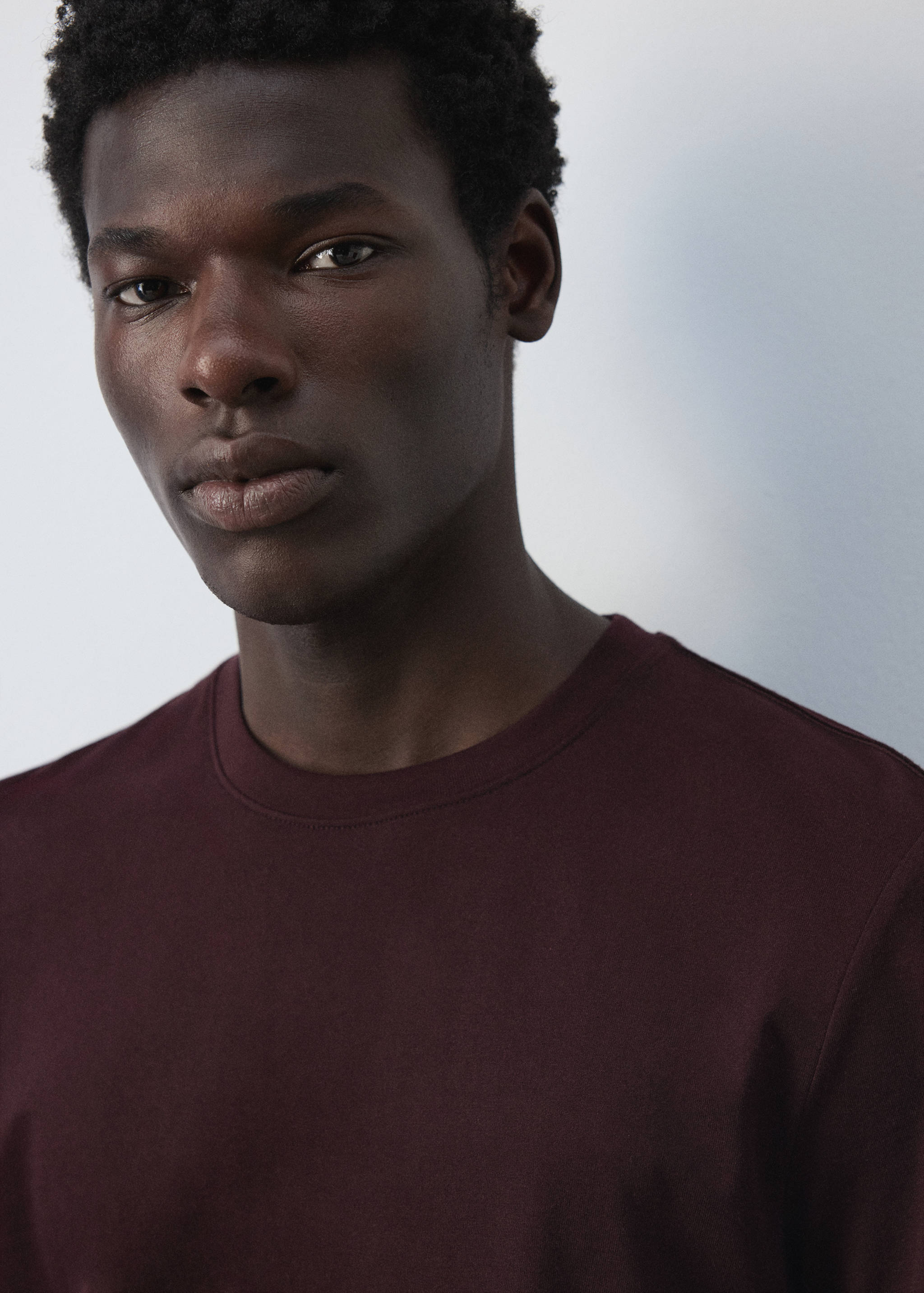 Close-up of a dark burgundy crew neck T-shirt on a model.