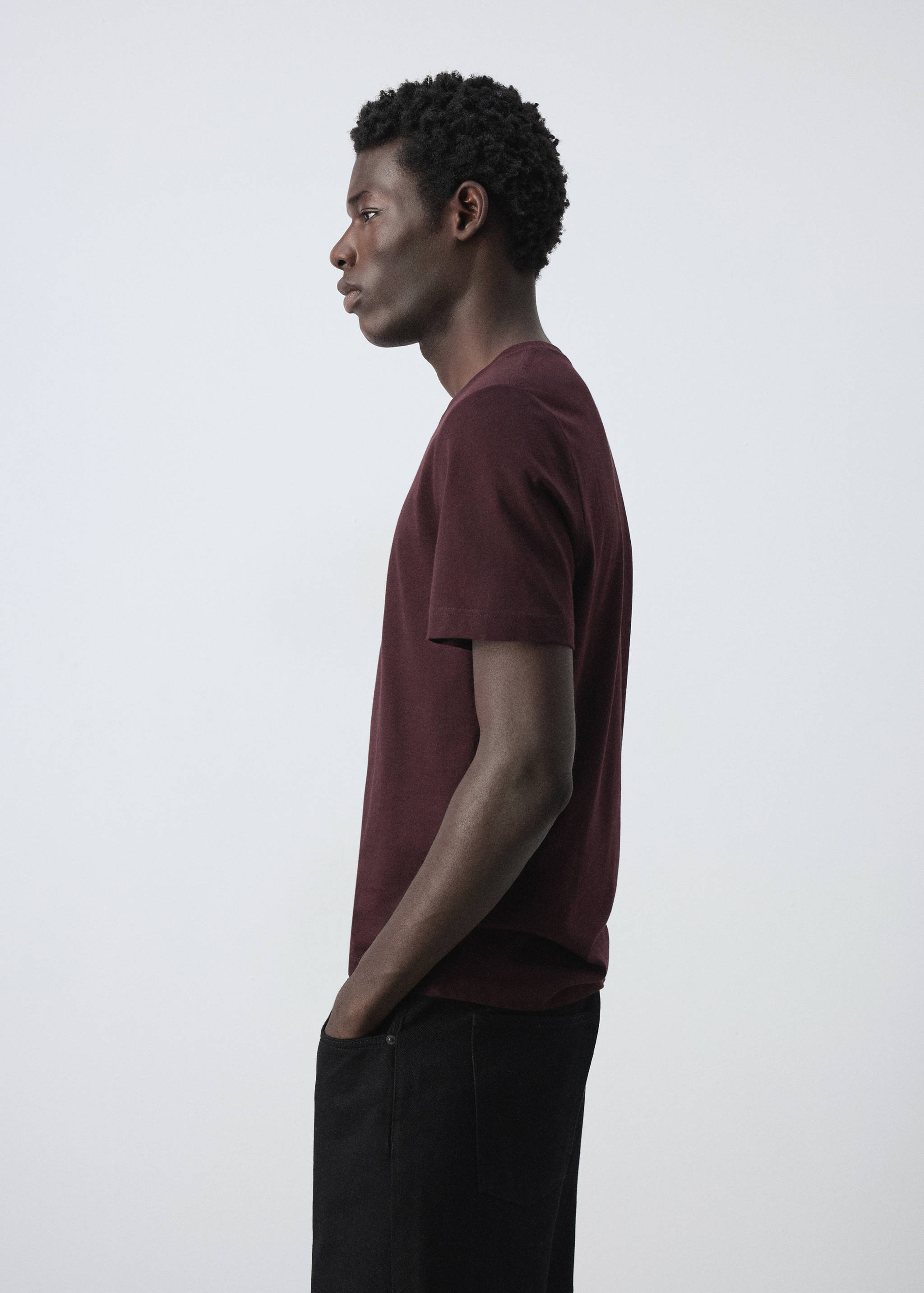 Burgundy short-sleeved t-shirt in a crew neck style.