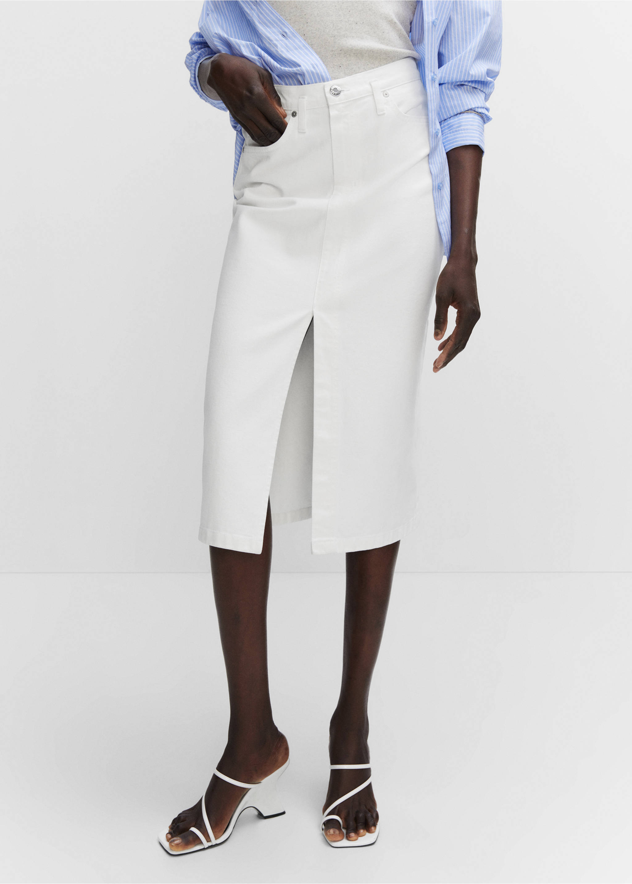 Denim midi-skirt - Details of the article 3, White. Ref: 57000187-00.