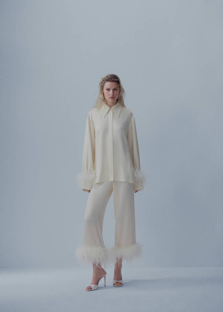 Satin trousers with feather detail — White