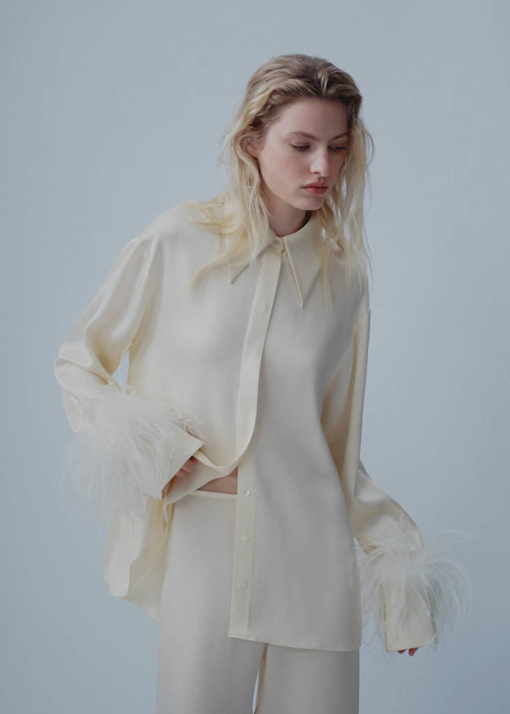 Satin trousers with feather detail — White