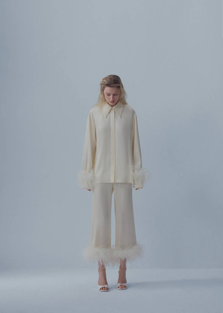 Satin trousers with feather detail — White