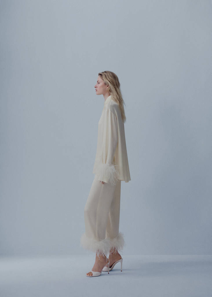 Satin trousers with feather detail — White