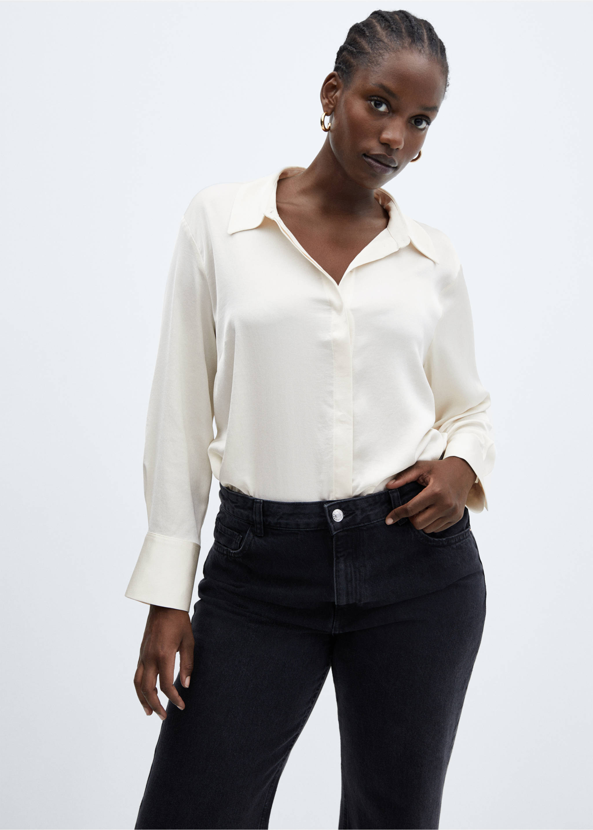 Satin finish flowy shirt - Details of the article 5, Off White. Ref: 57003777-00.