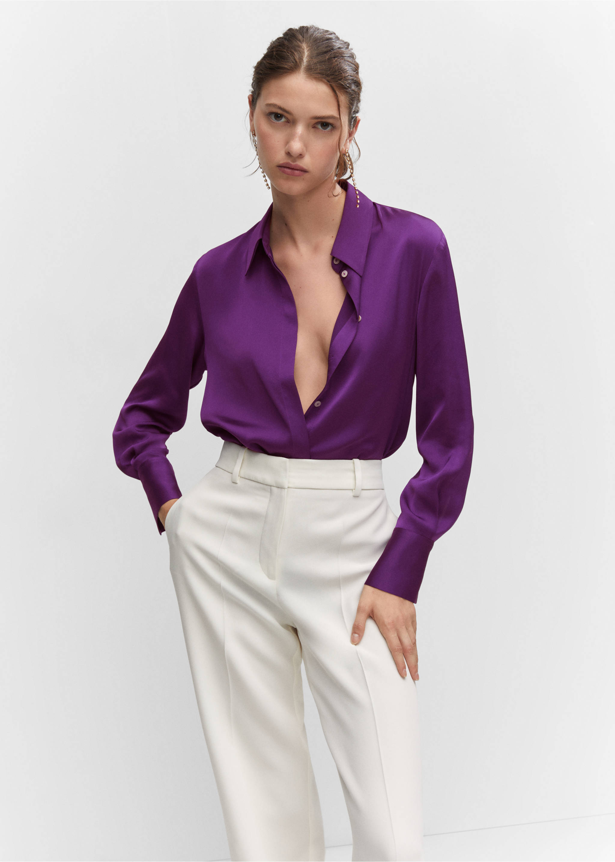 Satin finish flowy shirt - Medium plane, Purple. Ref: 57003777-00.