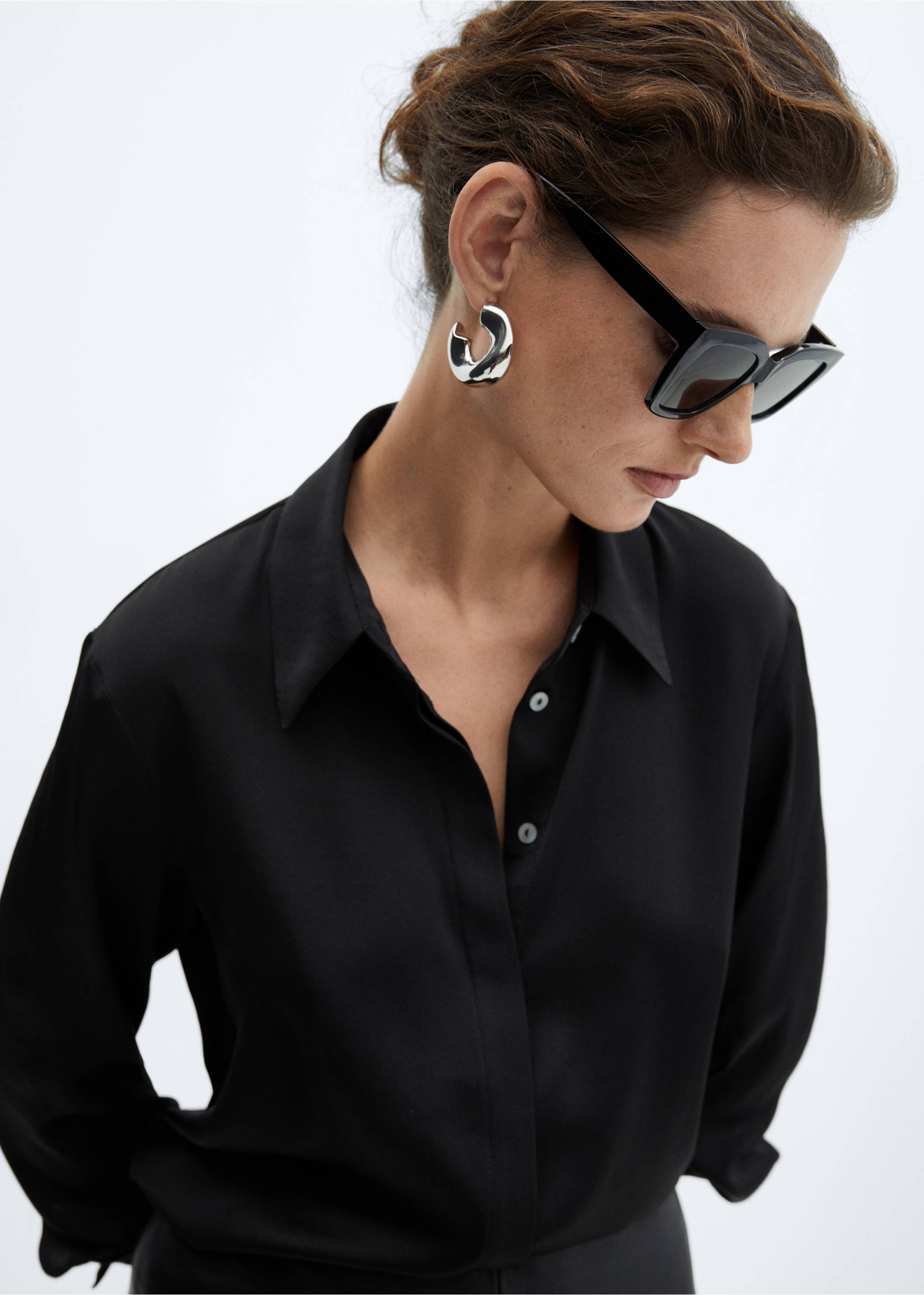 Satin finish flowy shirt - Details of the article 1, Black. Ref: 57003777-00.