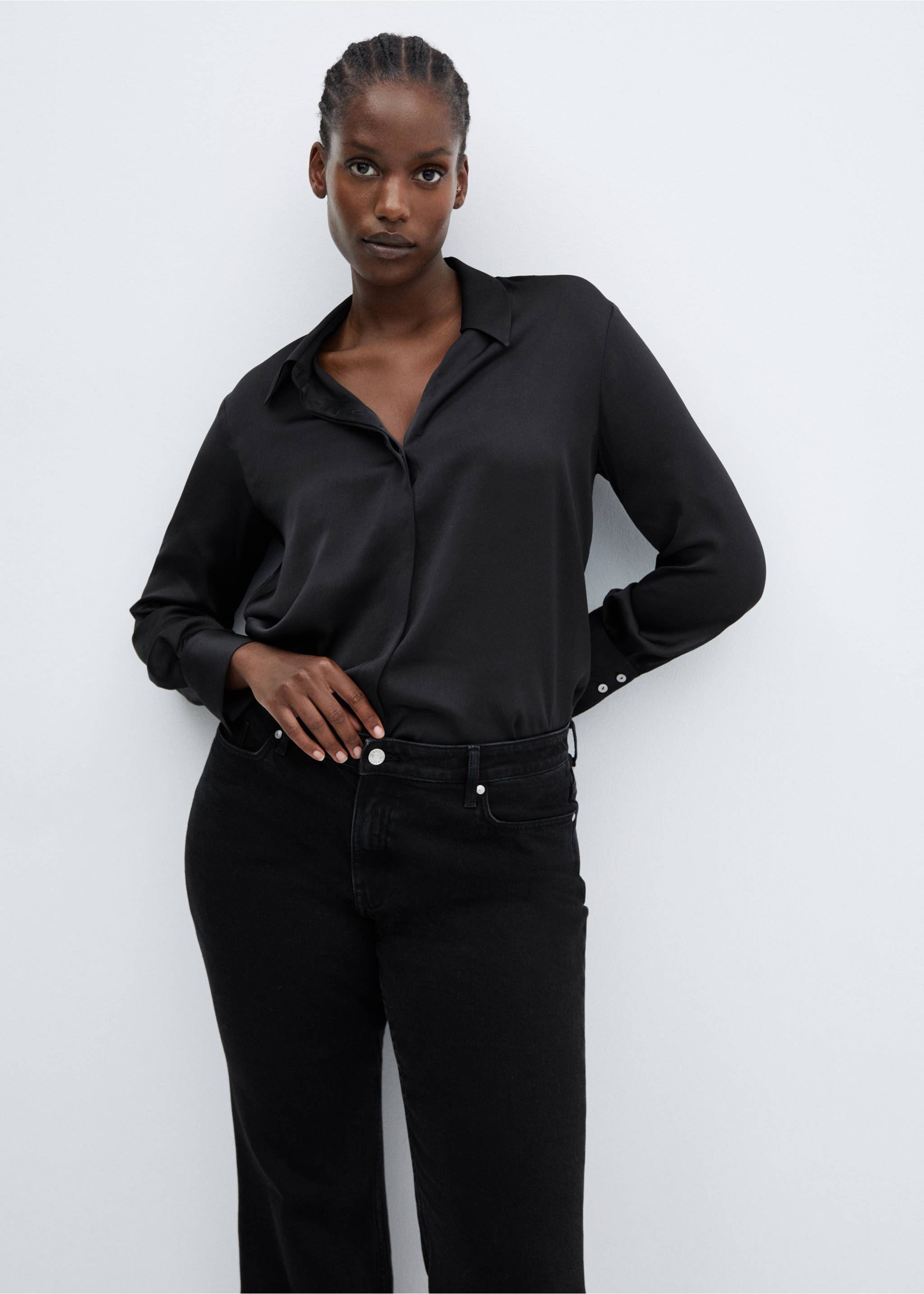Satin finish flowy shirt - Details of the article 5, Black. Ref: 57003777-00.