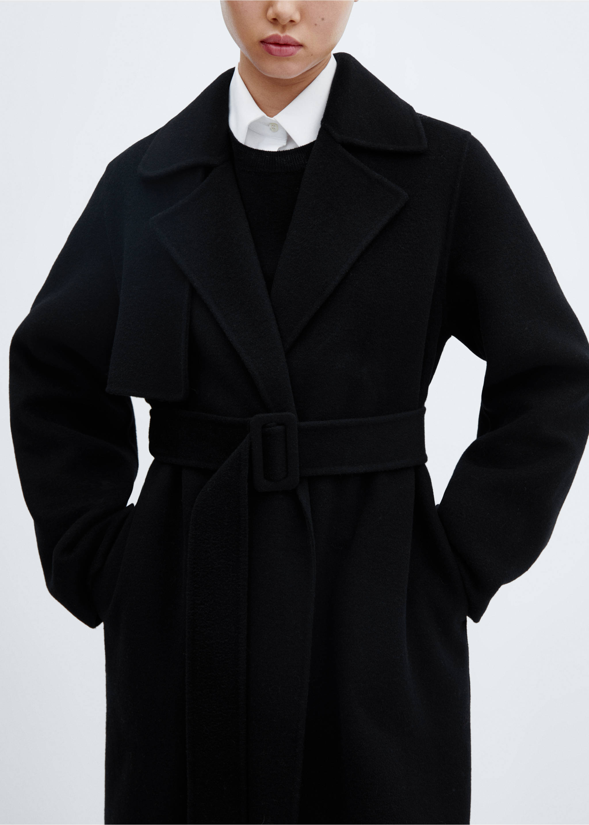 Handmade wool coat with belt - Details of the article 3, Black. Ref: 57006716-00.