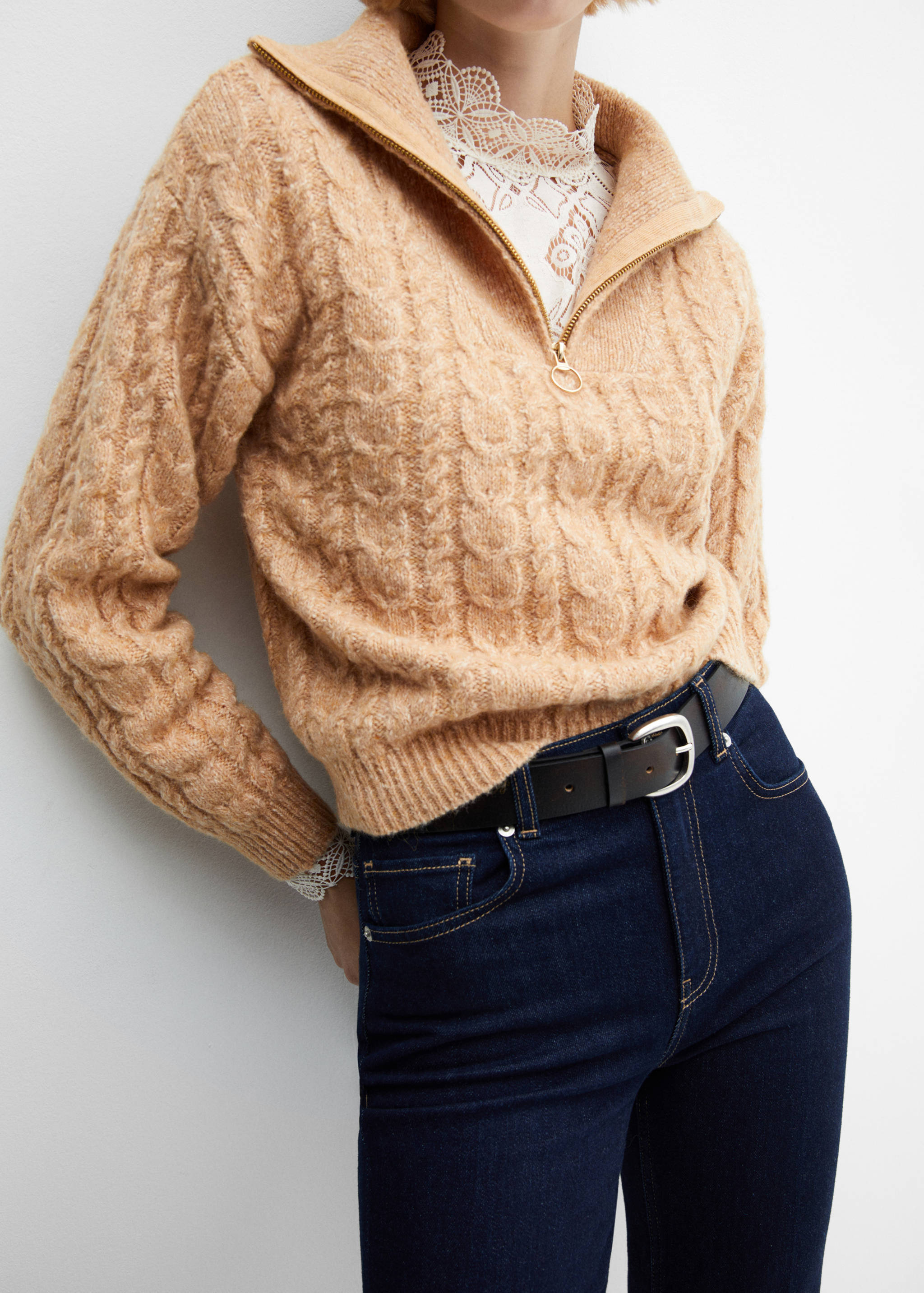 粗线针织拉链毛衣 - null