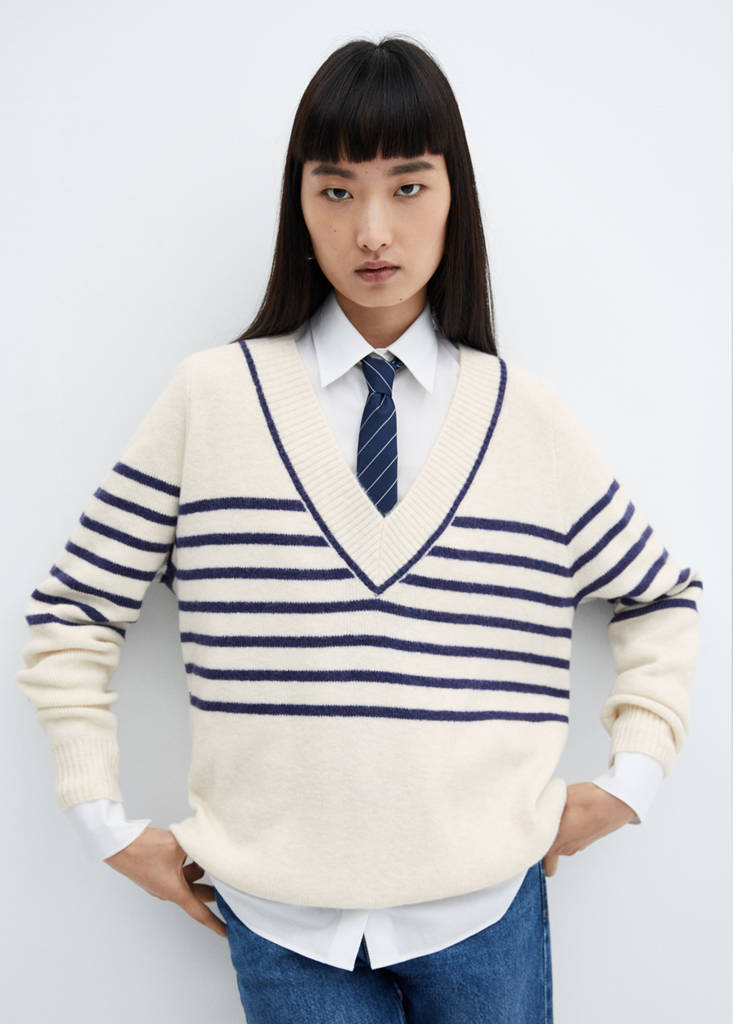 V-neck striped sweater — Dark Navy