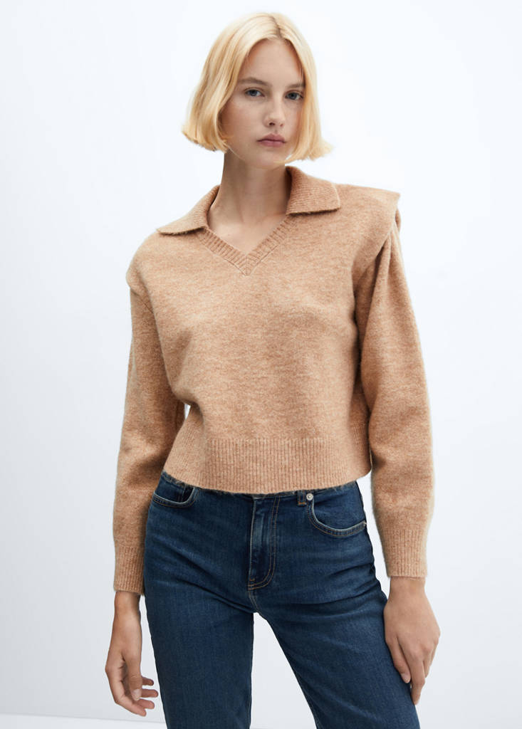 Polo-neck sweater with shoulder pads — Medium Brown