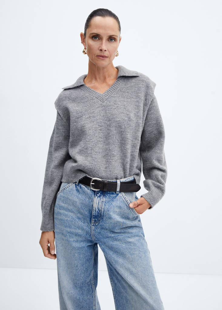 Polo-neck sweater with shoulder pads — Grey