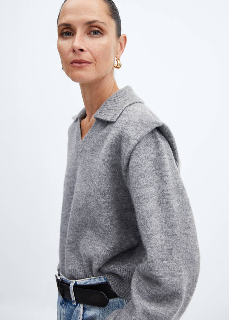 Polo-neck sweater with shoulder pads — Grey