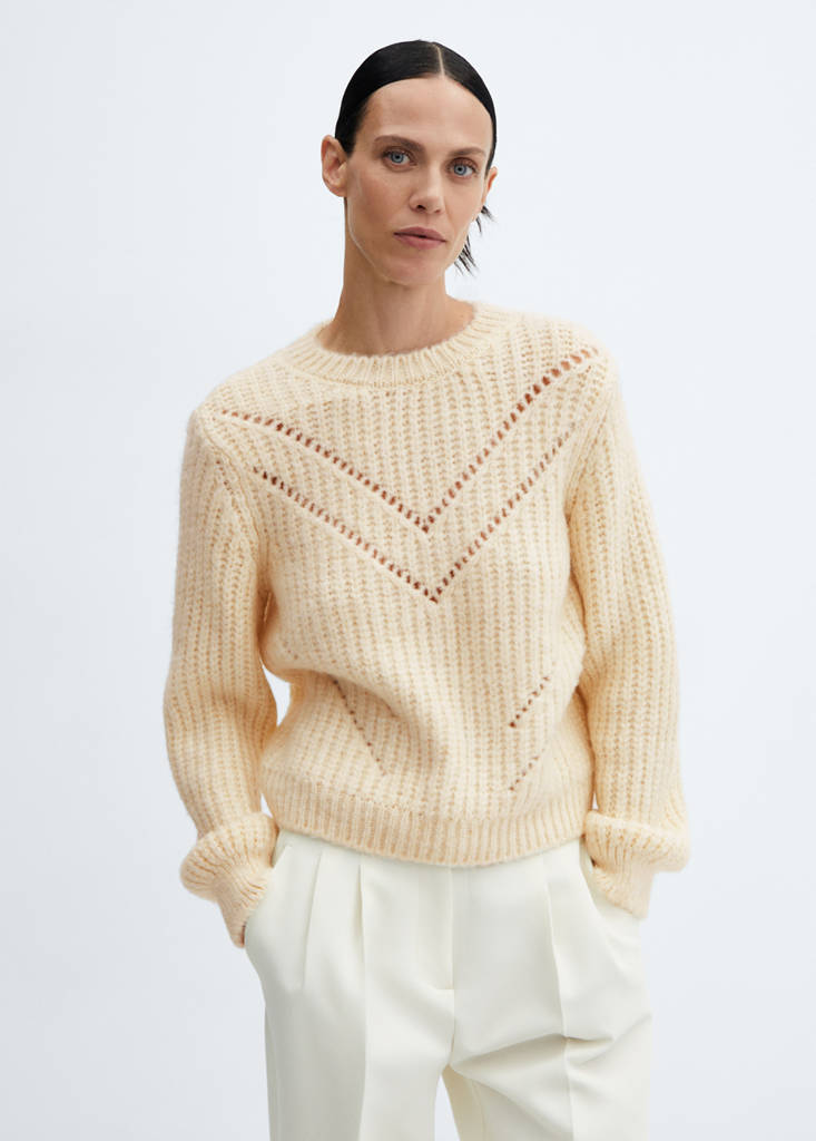Open work-detail sweater — Beige