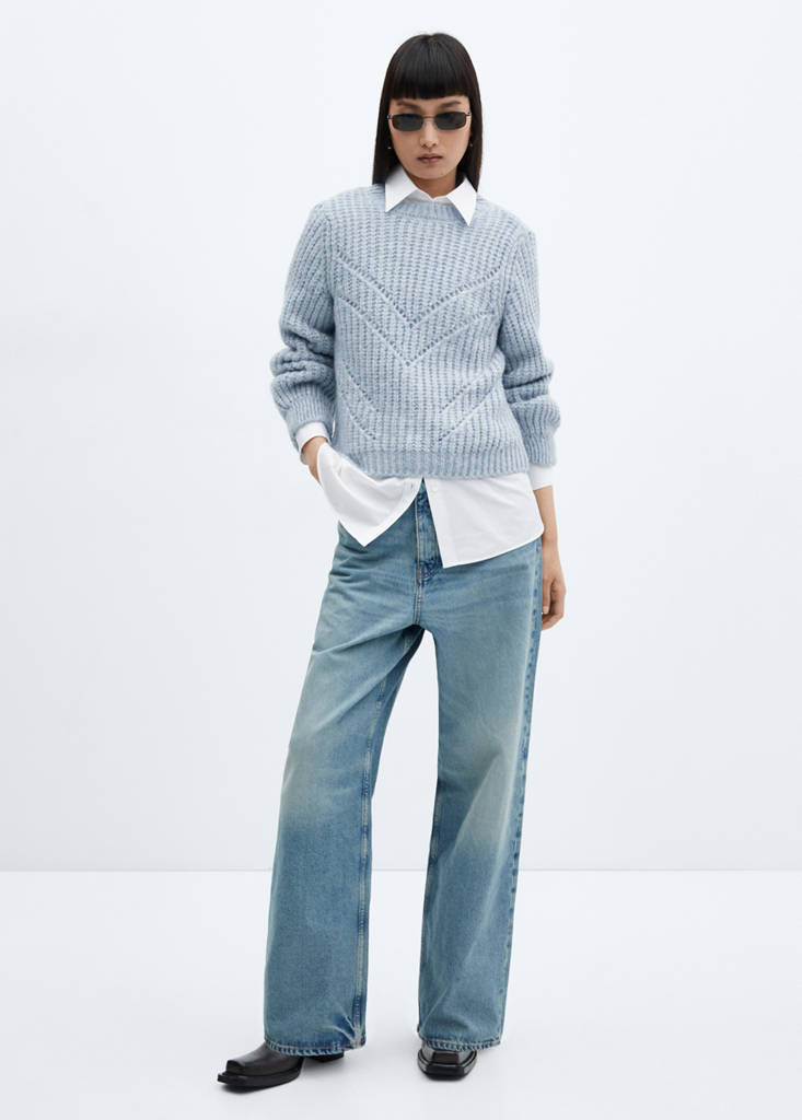 Open work-detail sweater — Prussian Blue