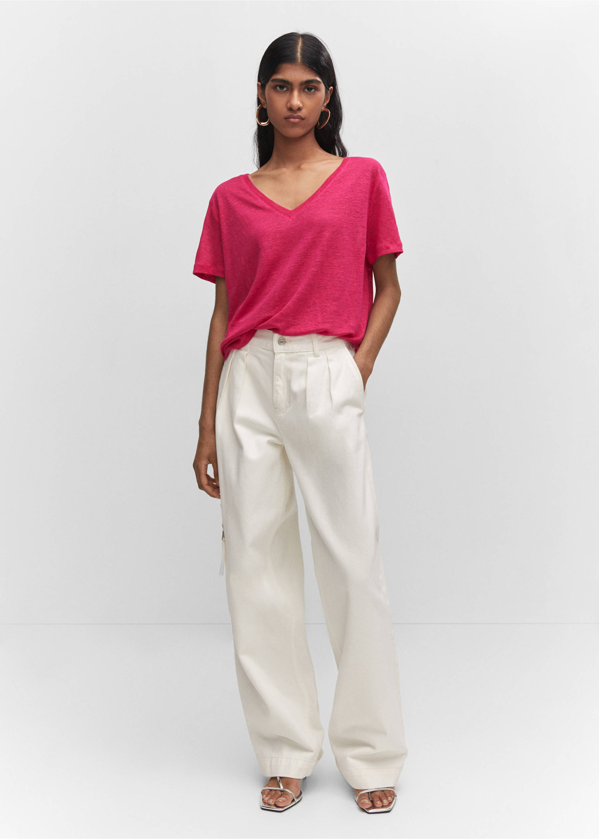 V-neck linen t-shirt - General plane, Fuchsia. Ref: 57010263-00.