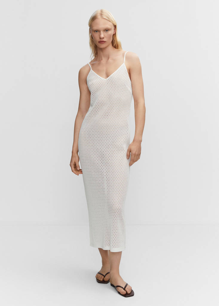 Long openwork knitted dress — White