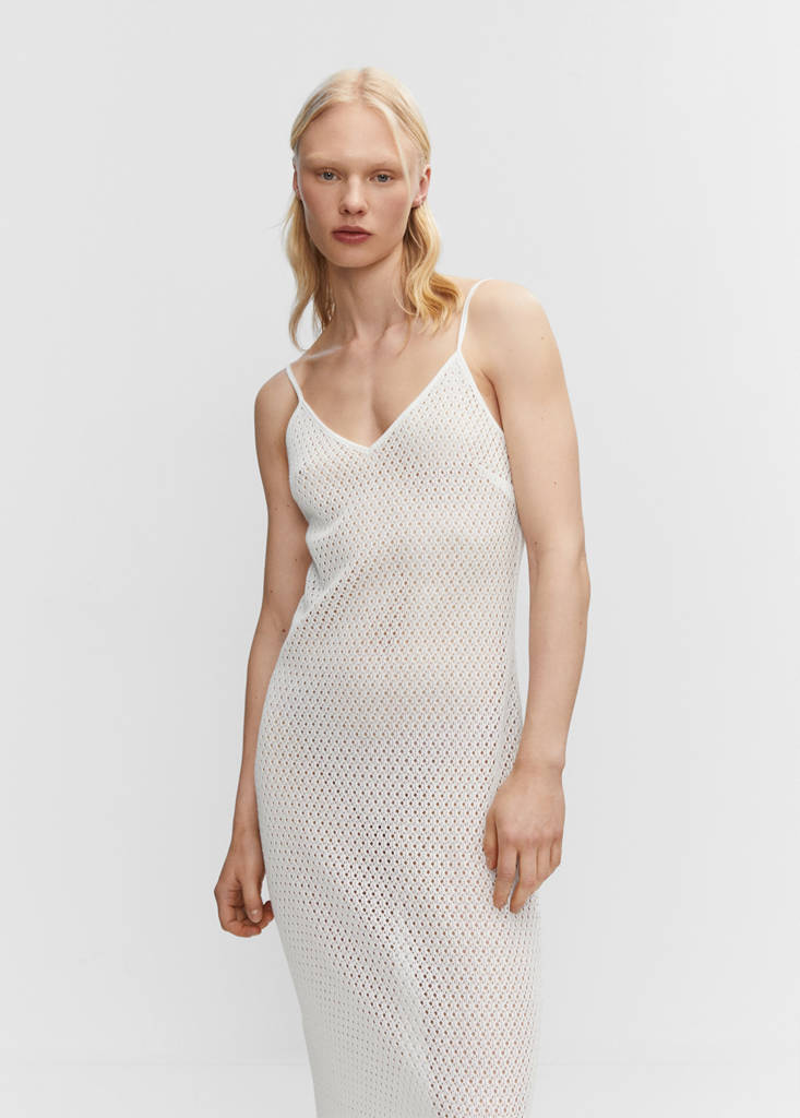 Long openwork knitted dress — White