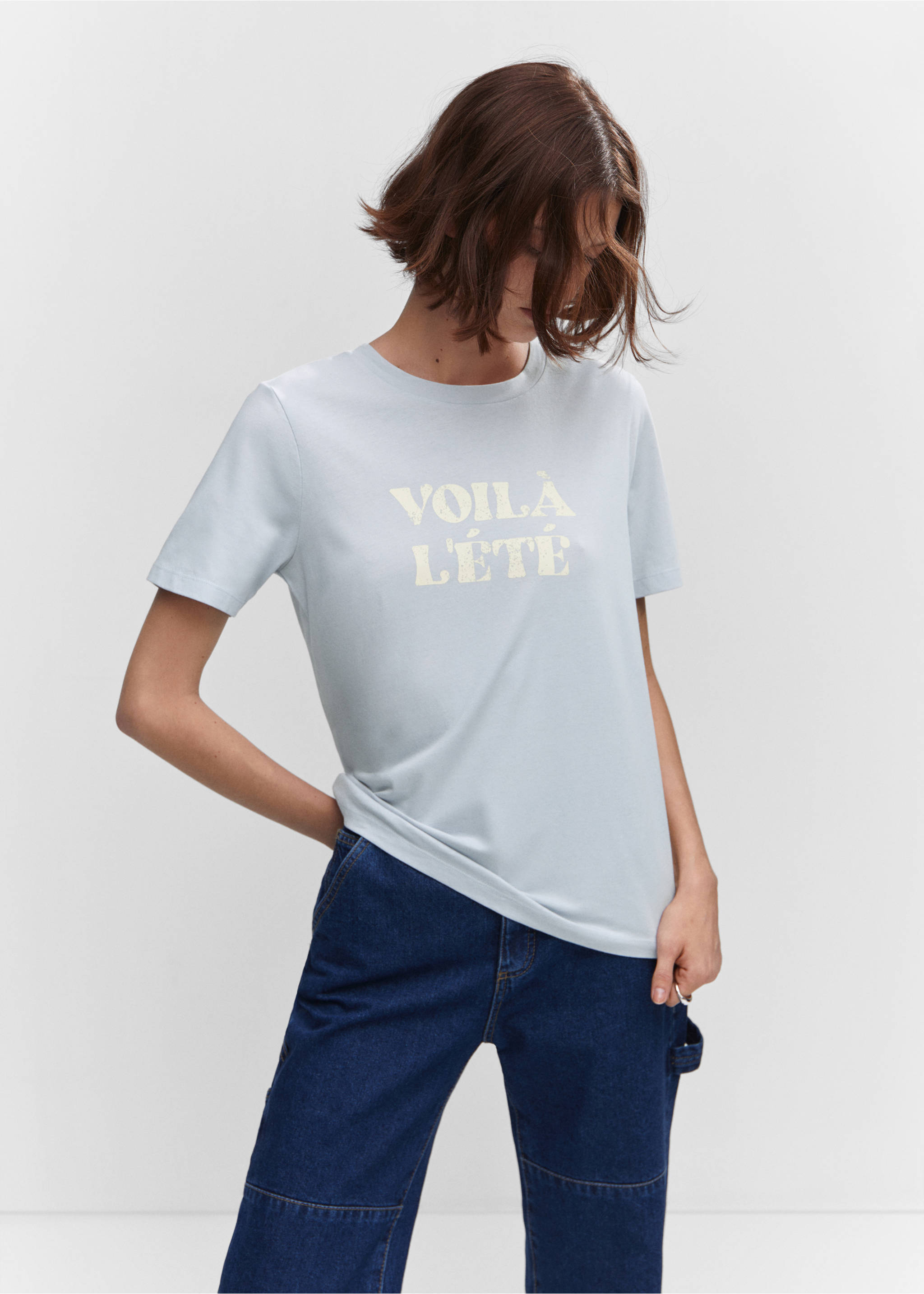 T-shirt en coton imprimé - Plan moyen, Bleu ciel. Ref: 57010317-00.