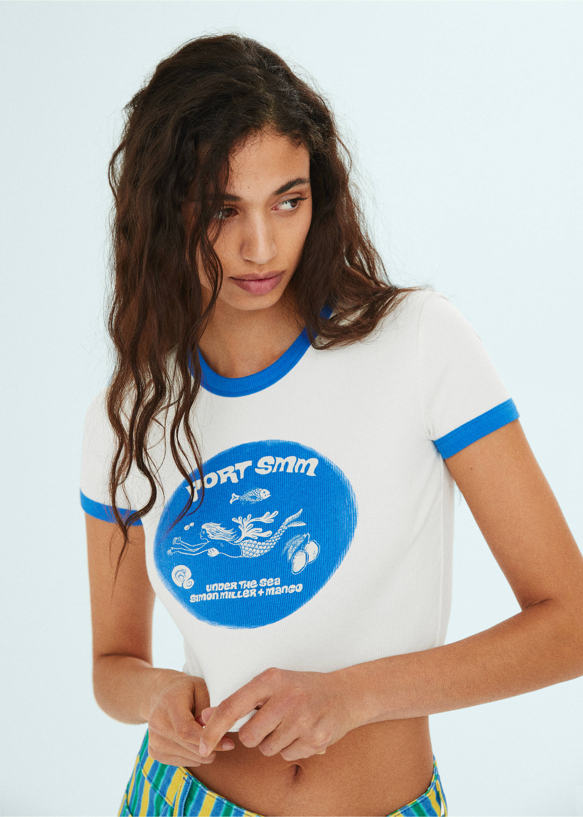 Printed cropped t-shirt - Details of the article 1, Blue. Ref: 57010467-00.