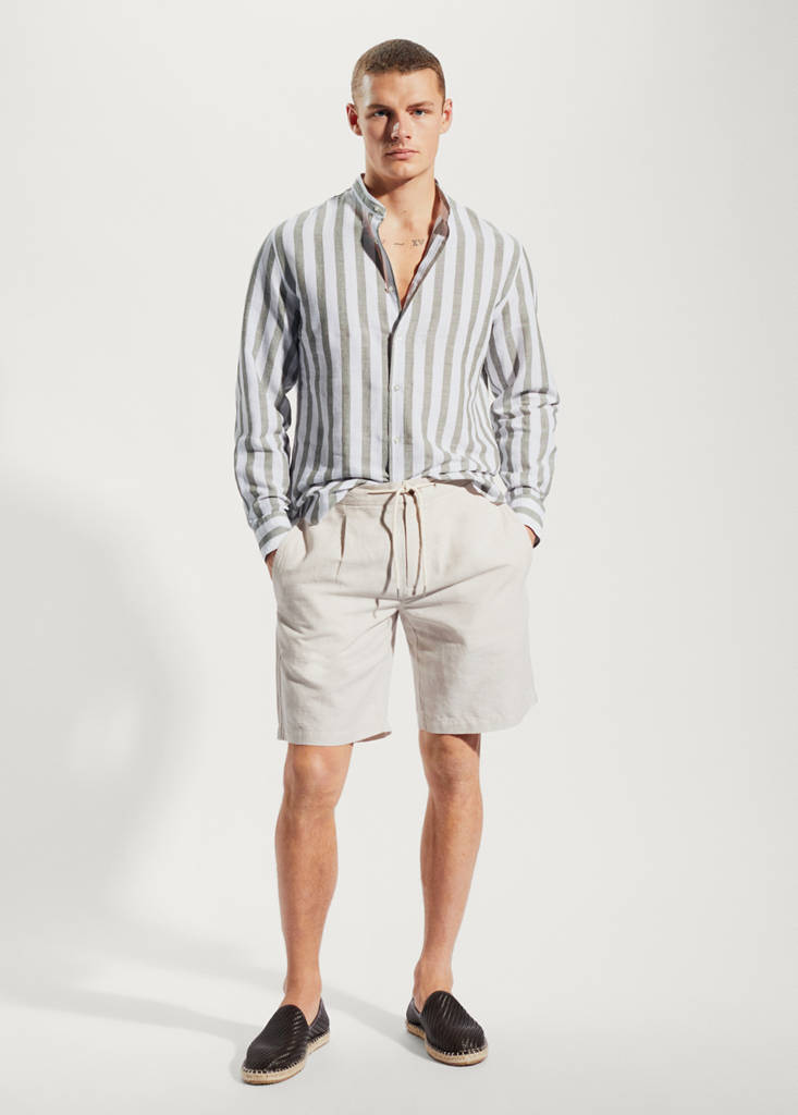 Regular-fit striped linen shirt — Khaki