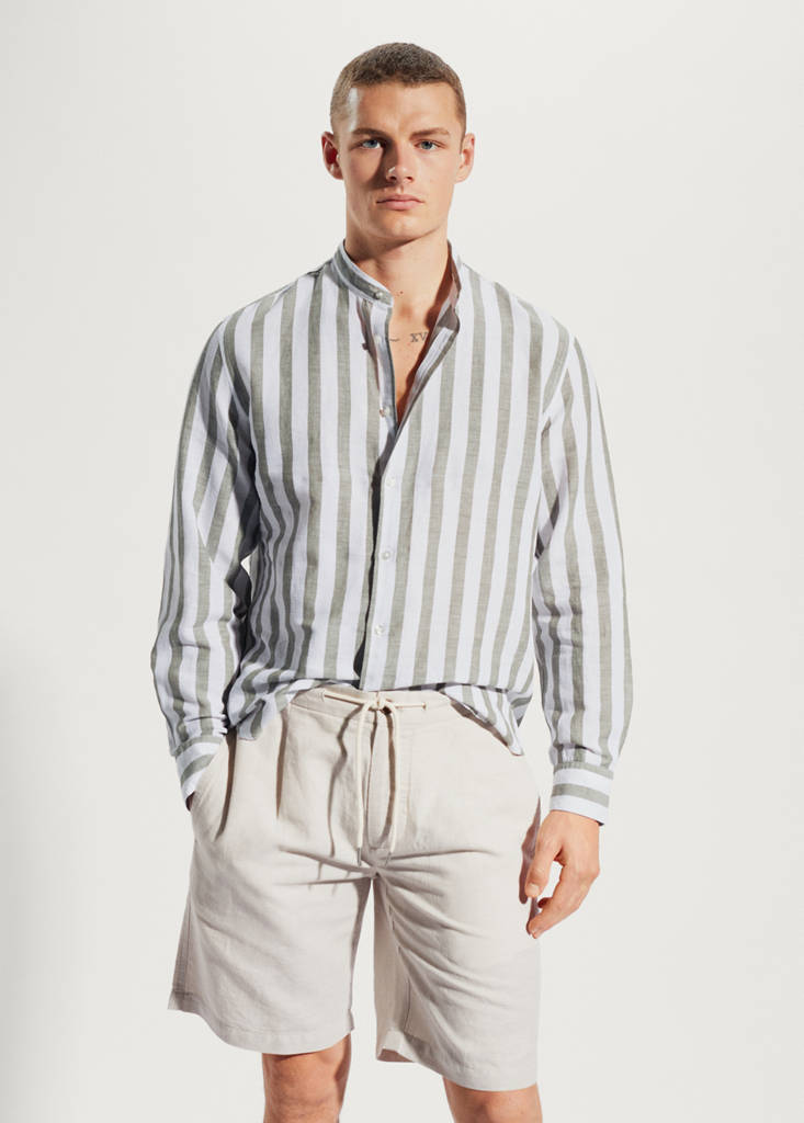 Regular-fit striped linen shirt — Khaki