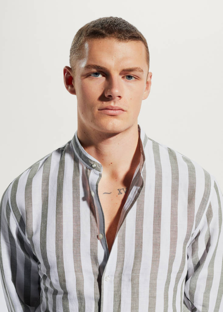 Regular-fit striped linen shirt — Khaki