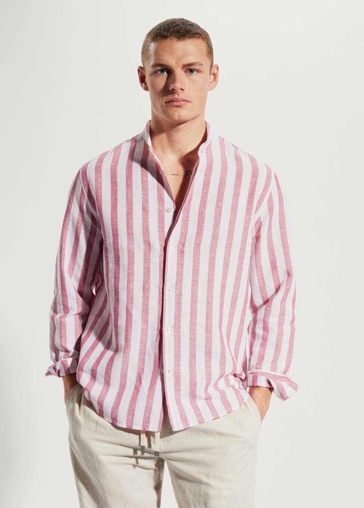 Regular-fit striped linen shirt — Plum