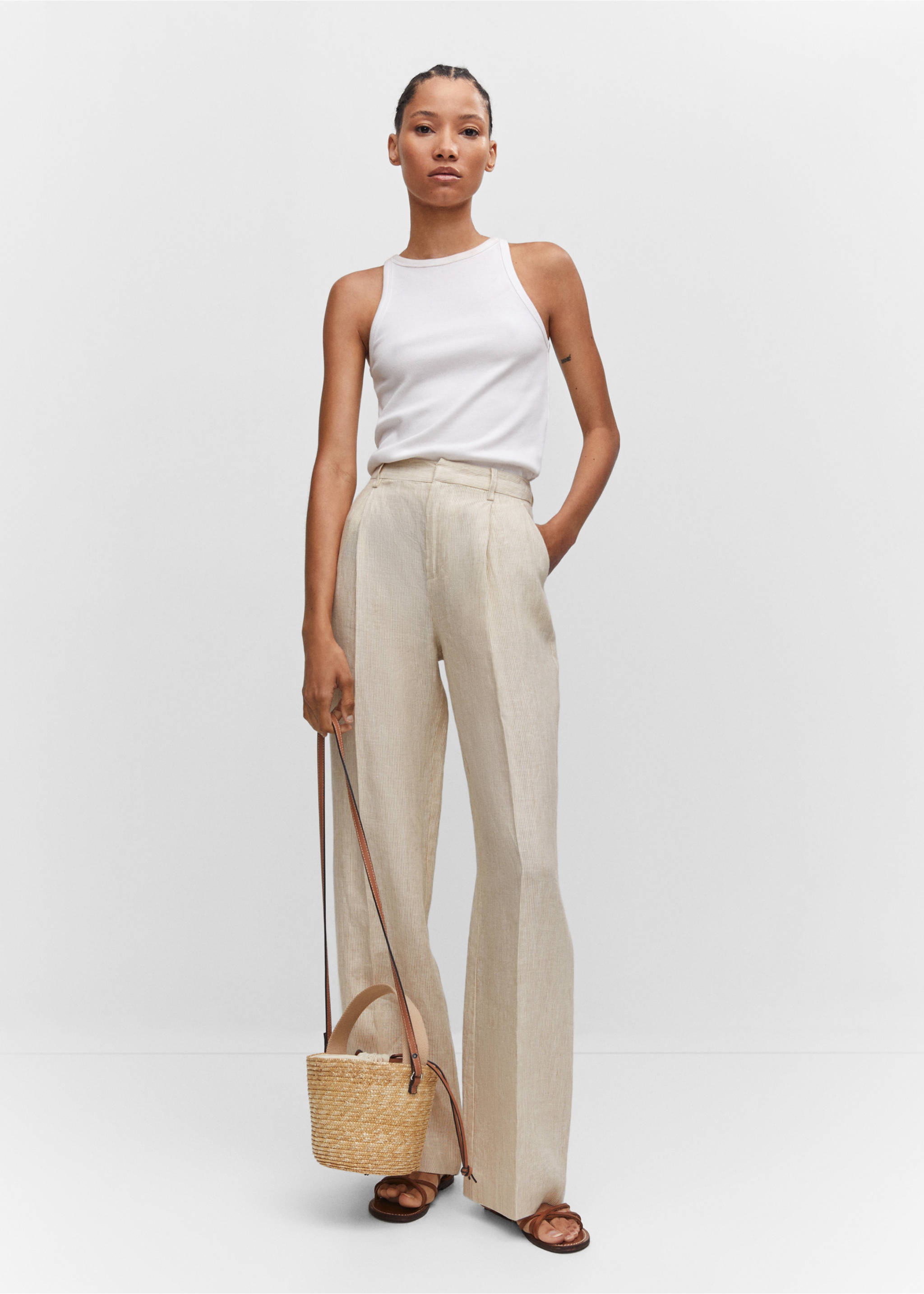 Straight linen-blend trousers - General plane, Beige. Ref: 57010735-00.