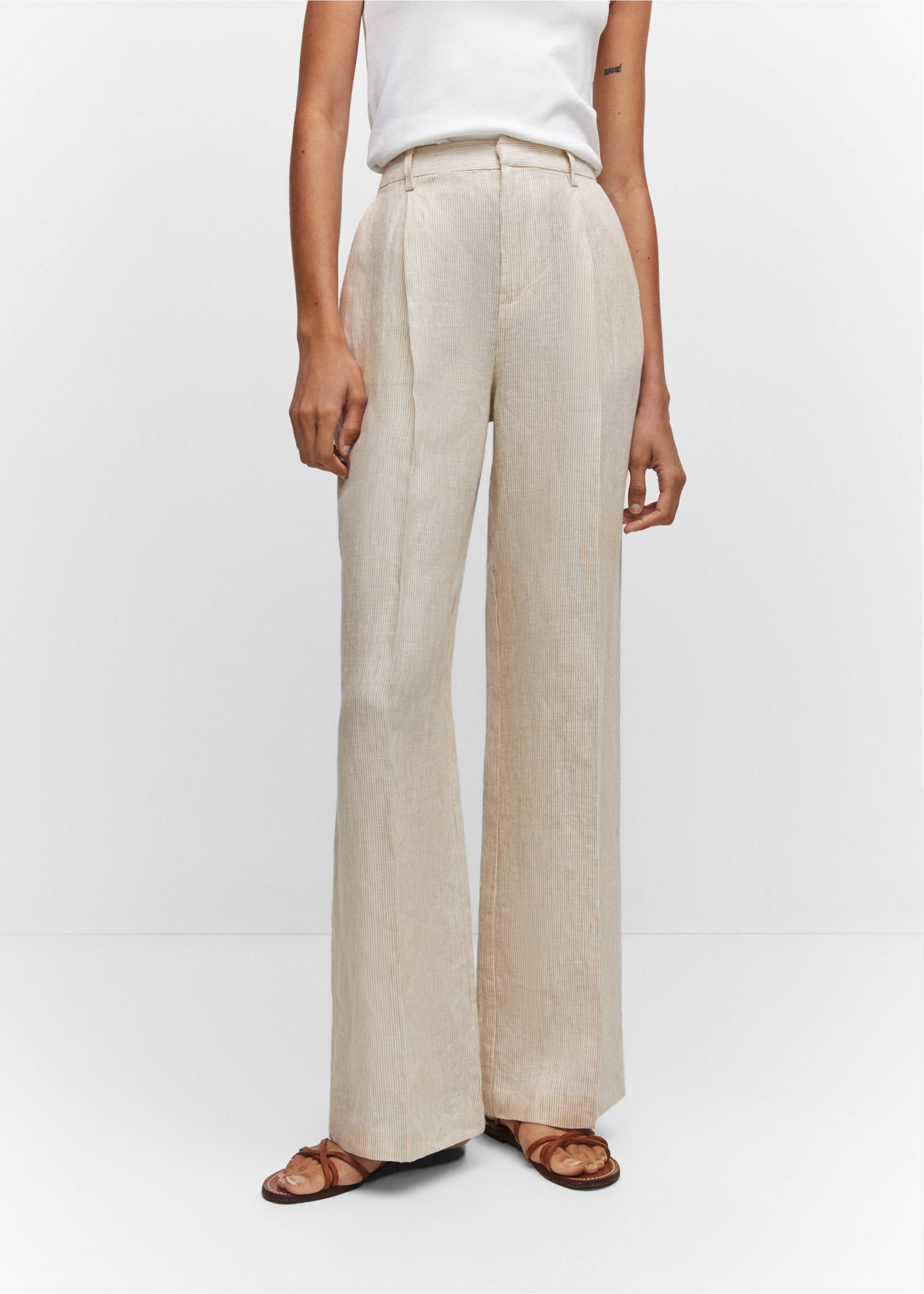 Straight linen-blend trousers - Medium plane, Beige. Ref: 57010735-00.