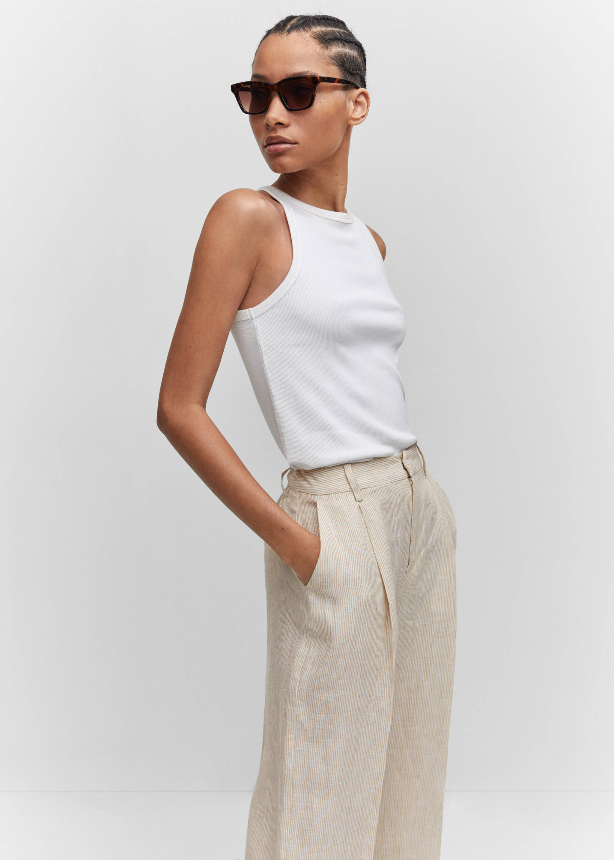 Straight linen-blend trousers - Details of the article 1, Beige. Ref: 57010735-00.