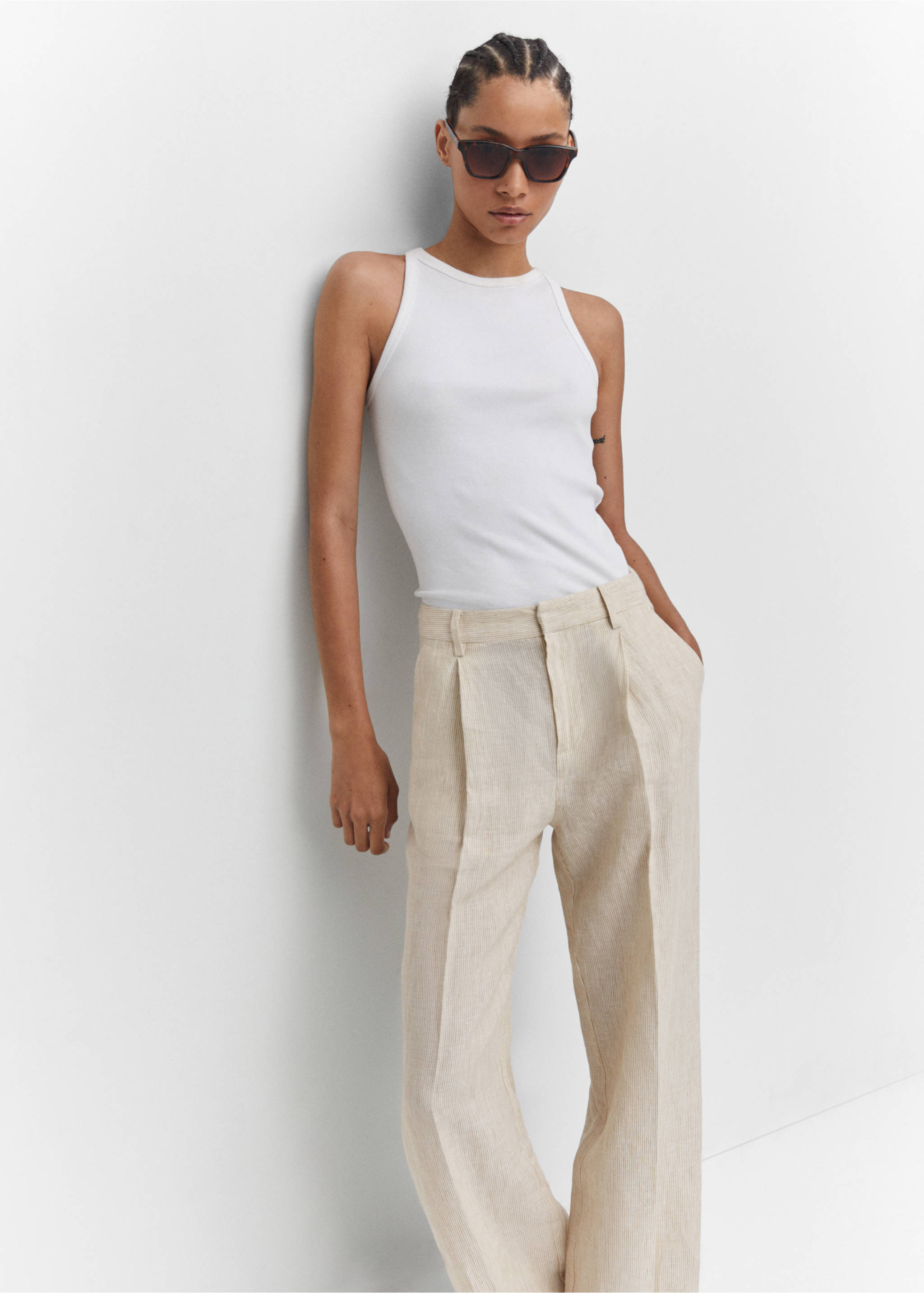 Straight linen-blend trousers - Details of the article 2, Beige. Ref: 57010735-00.