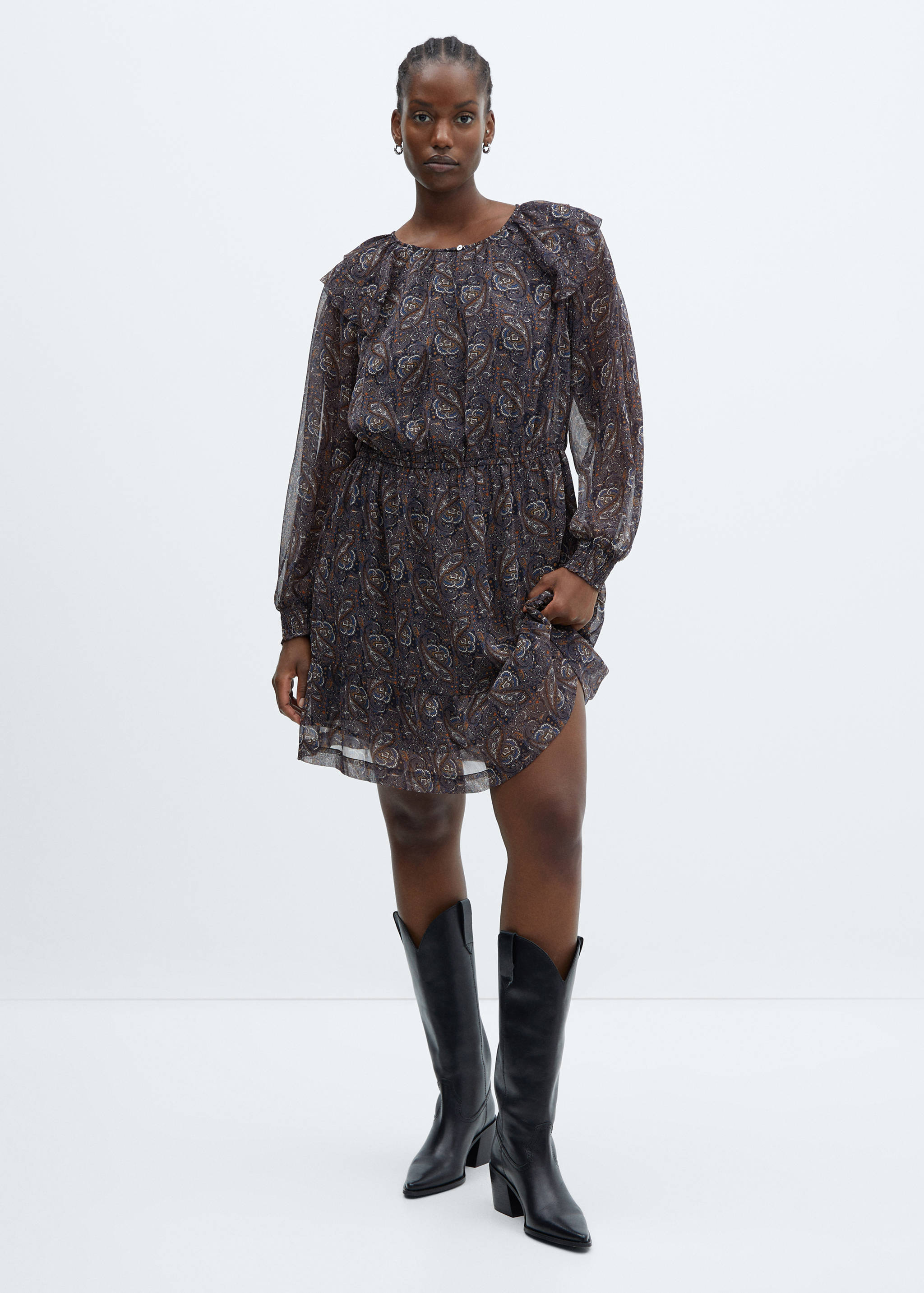 印花雪纺连身裙 - null