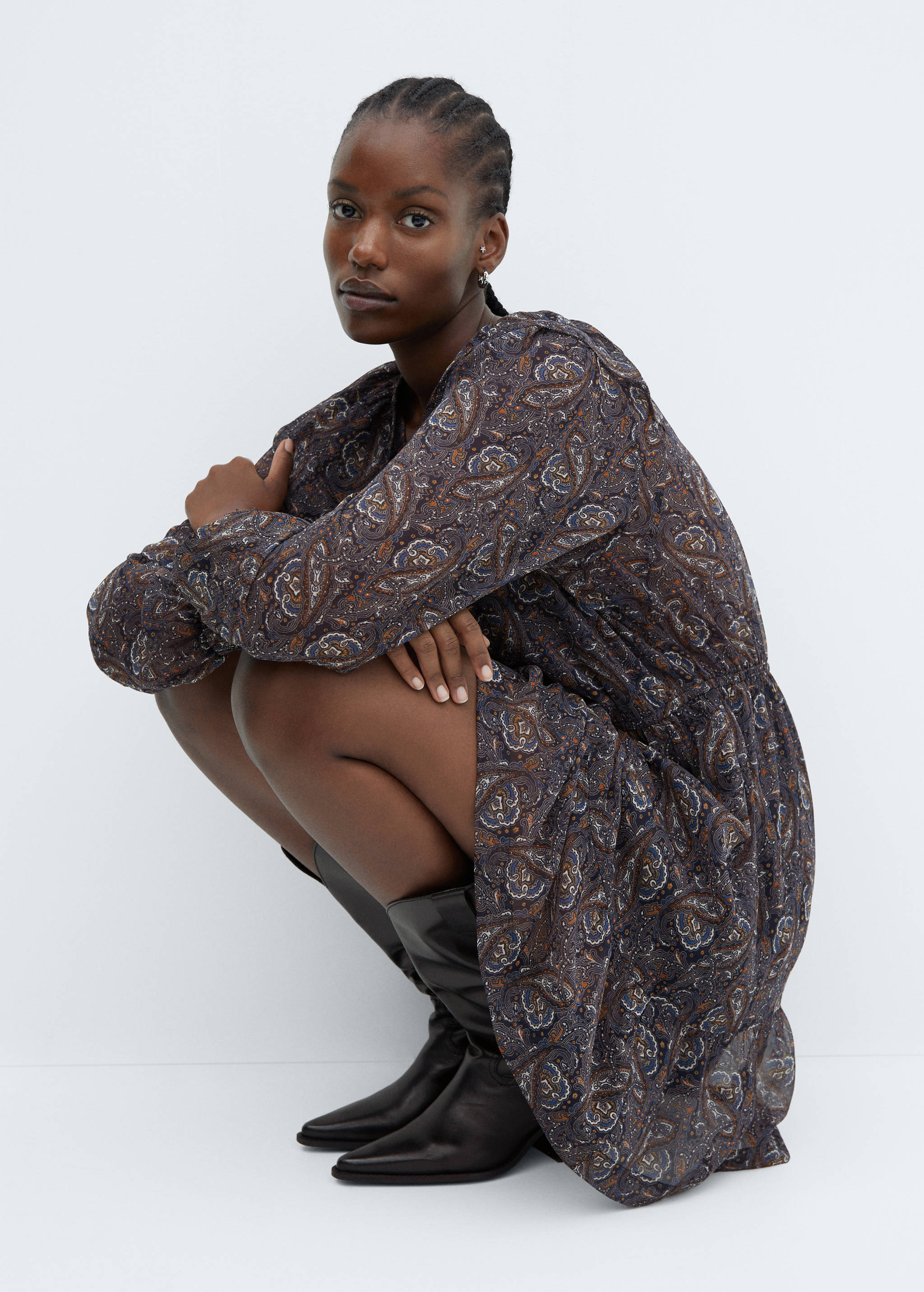 印花雪纺连身裙 - null