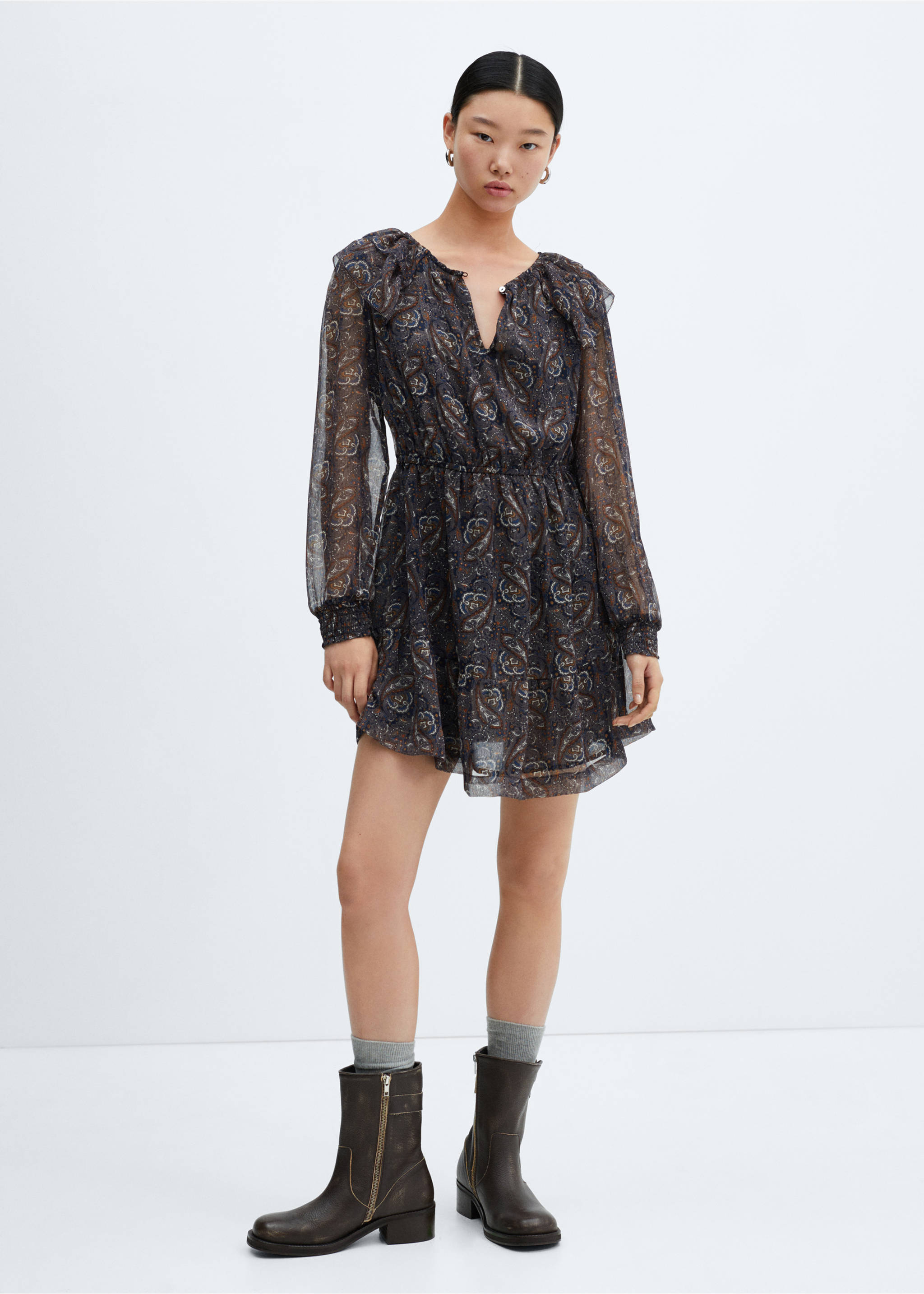 Printed chiffon dress - General plane, Dark Grey. Ref: 57015983-01.