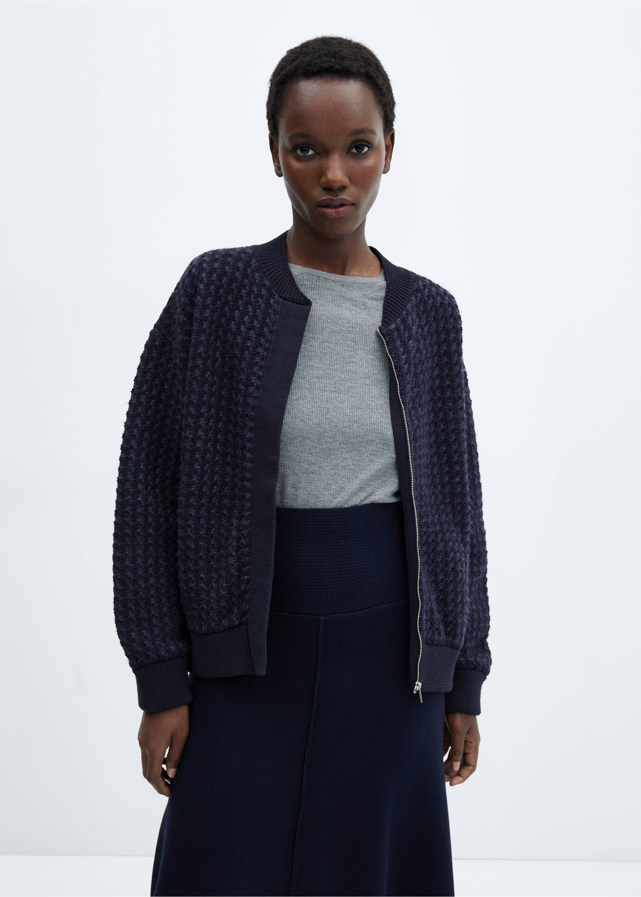 Knitted bomber jacket - Medium plane, Blue. Ref: 57017758-00.
