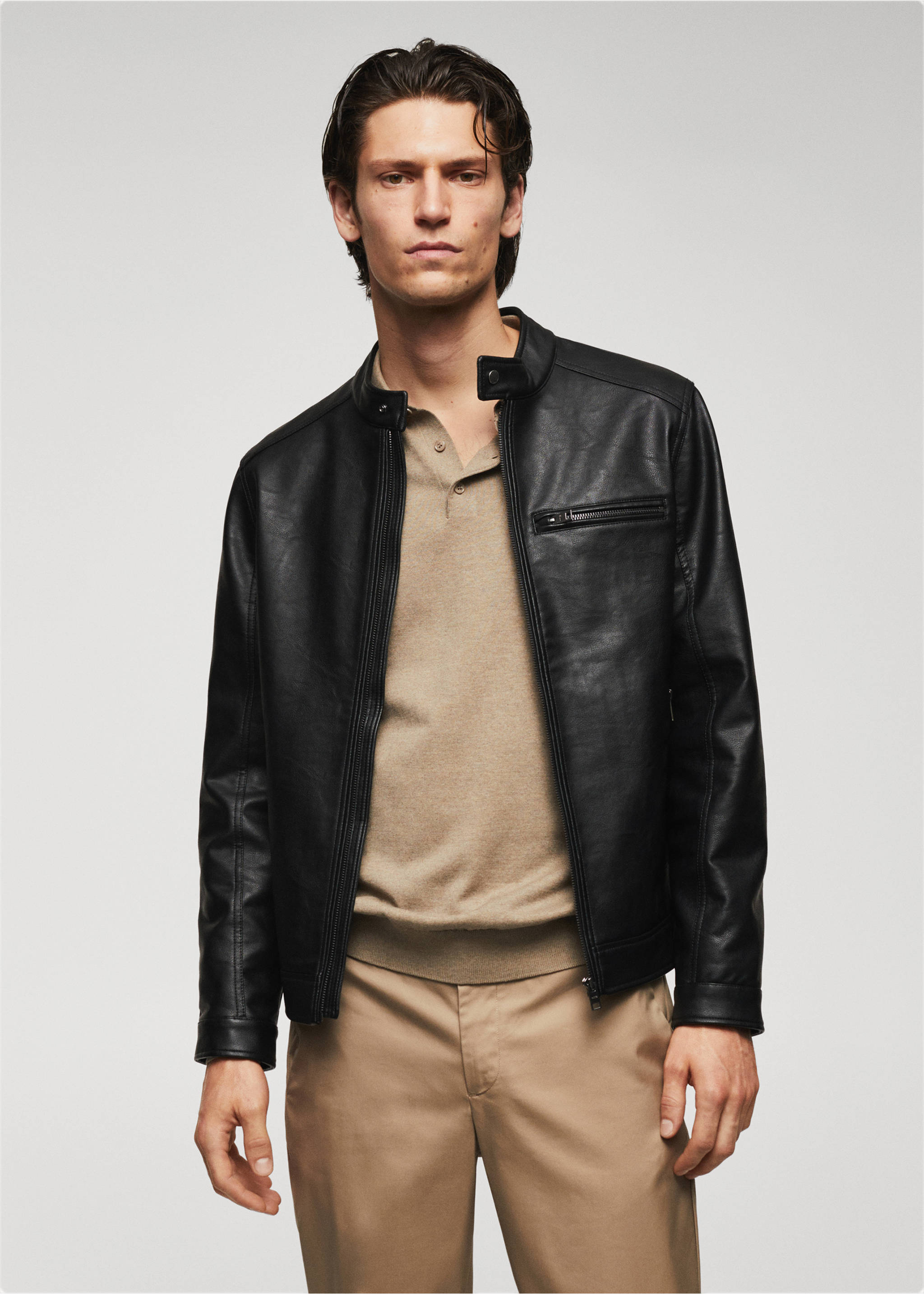 Zip-up faux-leather jacket - Medium plane, Black. Ref: 57022506-00.