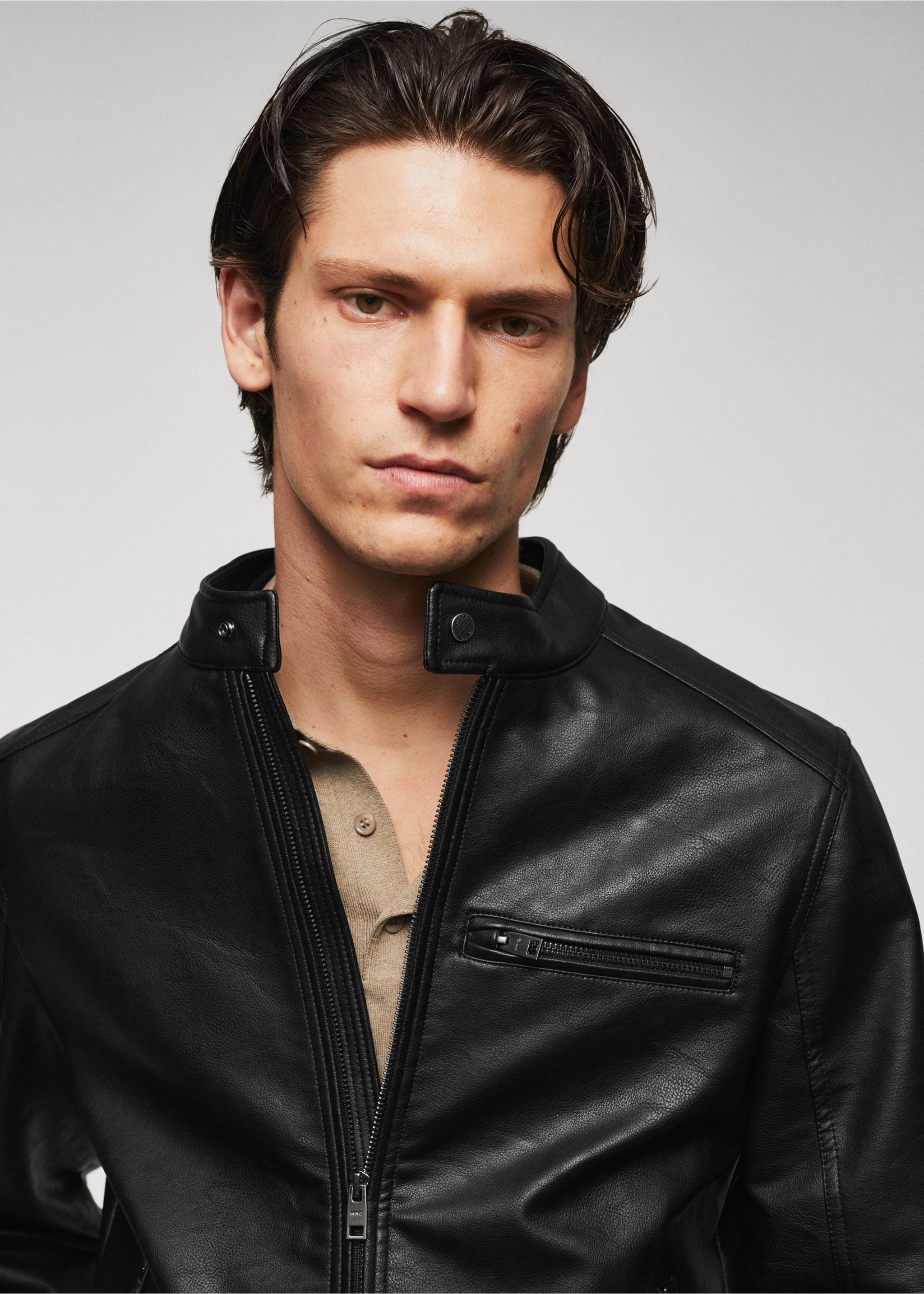 Zip-up faux-leather jacket - Details of the article 1, Black. Ref: 57022506-00.