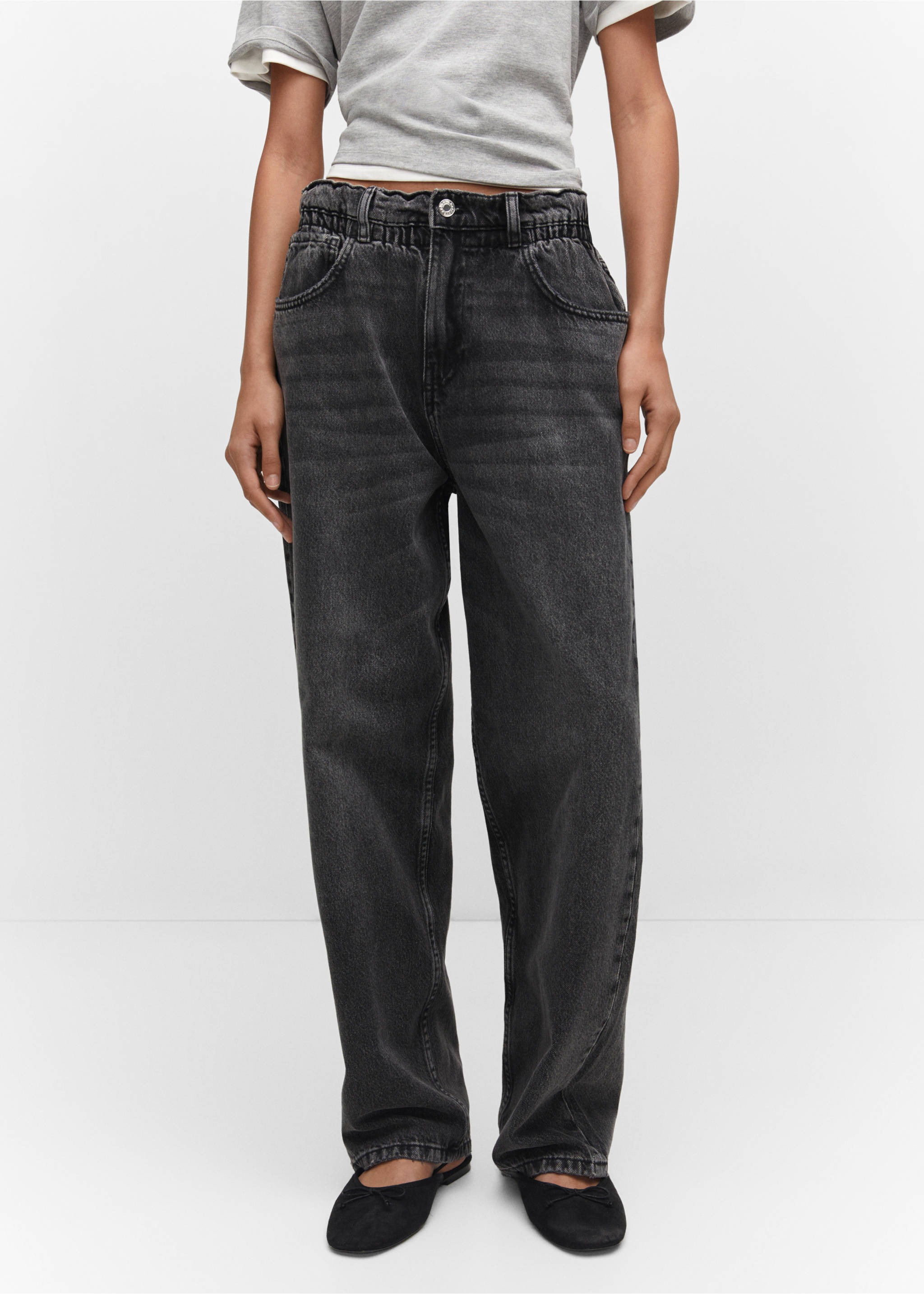 Jeans slouchy cintura elastica - Plano medio, Denim negro. Ref: 57022896-00.