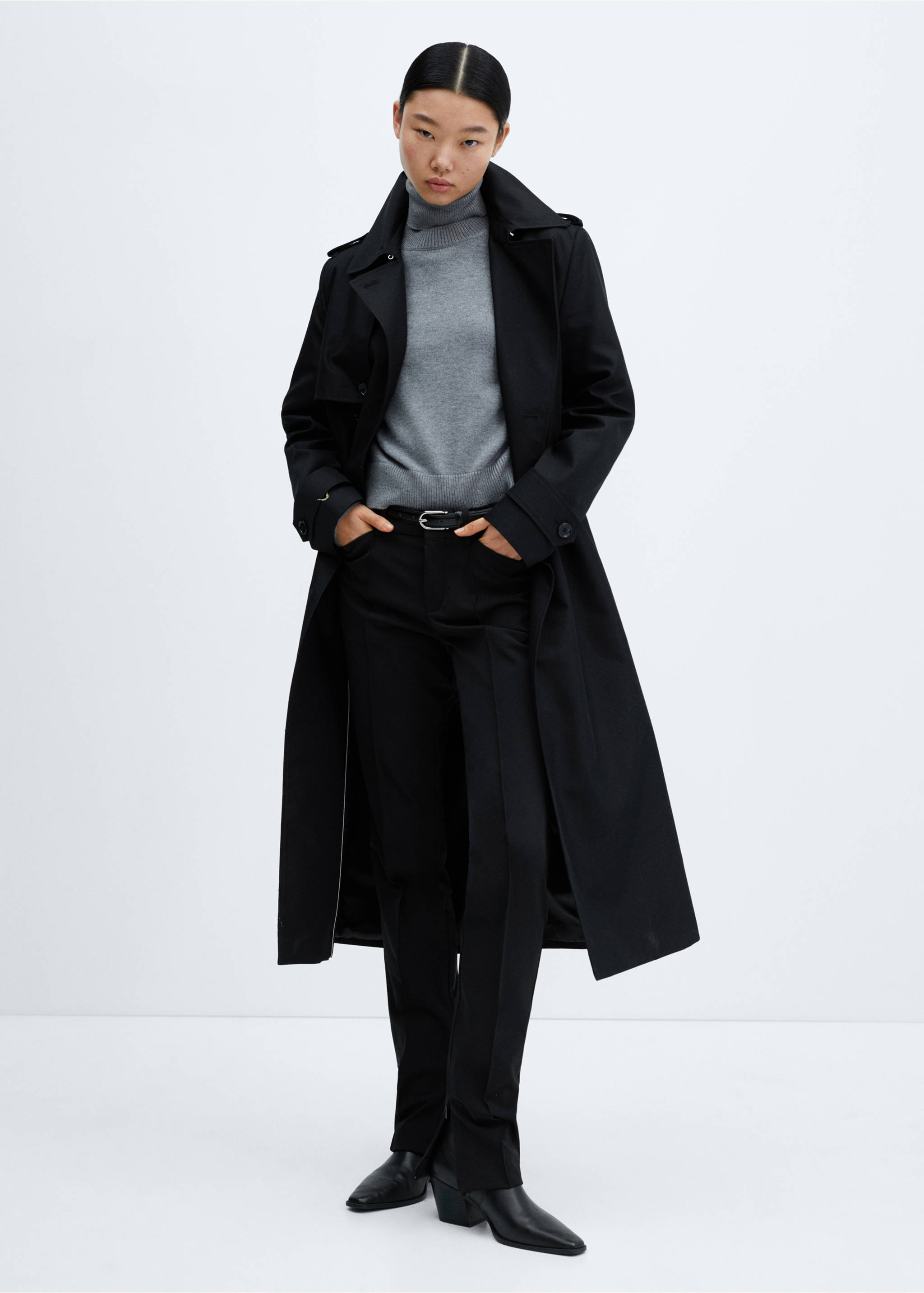 Trench impermeable doble botonadura - Plano general, Negro. Ref: 57023775-00.